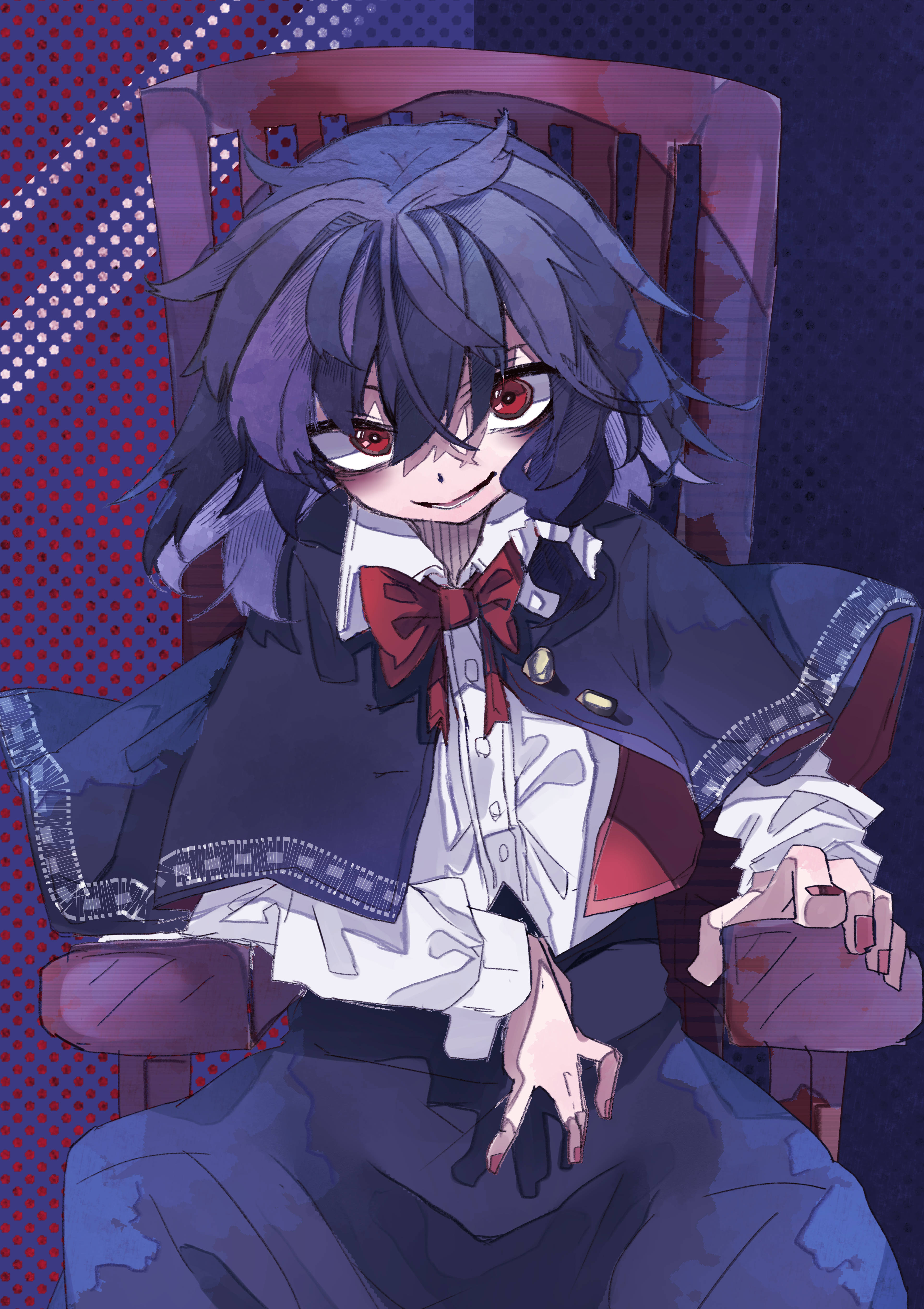 muraryo, usami renko, touhou, absurdres, commentary, highres, black capelet, black skirt, blood, blood stain, bow, bowtie, buttons, capelet, chair, collar, evil smile, long sleeves, medium hair, nail polish, no headwear, red bow, red bowtie, red eyes, red nails, shirt, sitting, skirt, sleeve cuffs, smile, white collar, white shirt