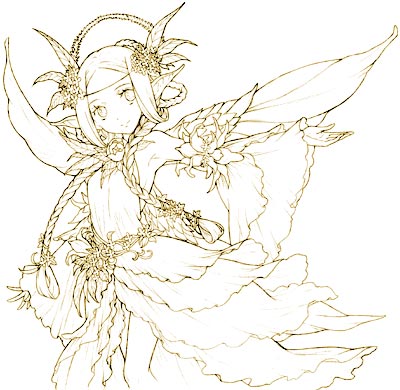 mieli, avalon code, lowres, fairy, fairy wings, lineart, long hair, monochrome, pointy ears, sketch, wings