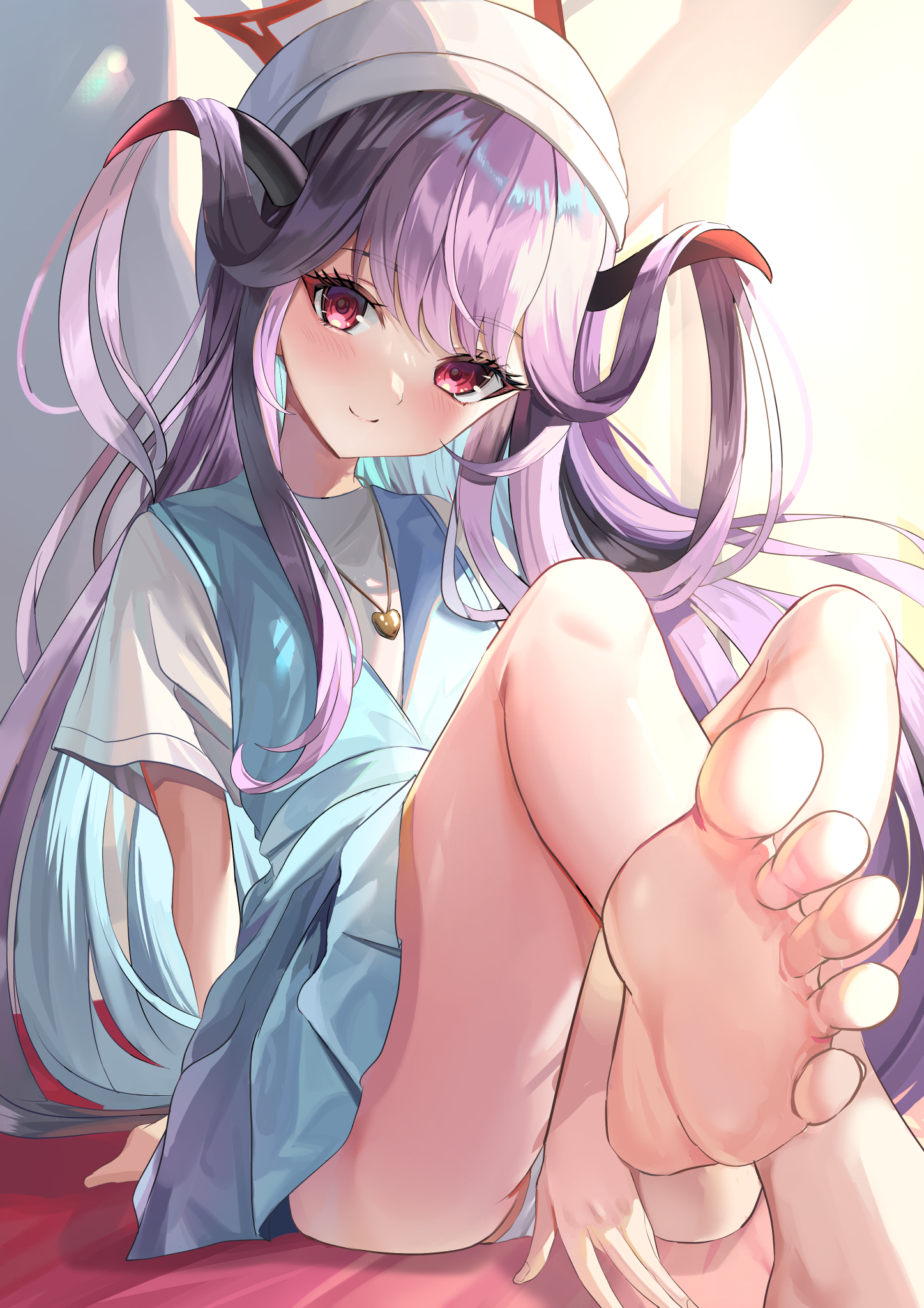 suidou chaahan, fuuka (blue archive), fuuka (casual) (blue archive), blue archive, commentary, highres, 1girl, arm behind back, barefoot, between legs, black hair, black horns, blue dress, blush, casual, closed mouth, covering crotch, covering privates, crossed legs, demon girl, demon horns, dress, eyelashes, feet, floating hair, foot focus, foot out of frame, foreshortening, hair between eyes, hair down, hair on horn, halo, hand between legs, headscarf, heart pendant, horns, indoors, knees up, long hair, looking at viewer, official alternate costume, official alternate hairstyle, panties, pleated dress, presenting foot, red eyes, red halo, shirt, short dress, short sleeves, sidelighting, sidelocks, sitting, sleeveless, sleeveless dress, smile, soles, solo, split mouth, sunlight, thighs, toes, underwear, very long hair, white headscarf, white panties, white shirt, window shadow