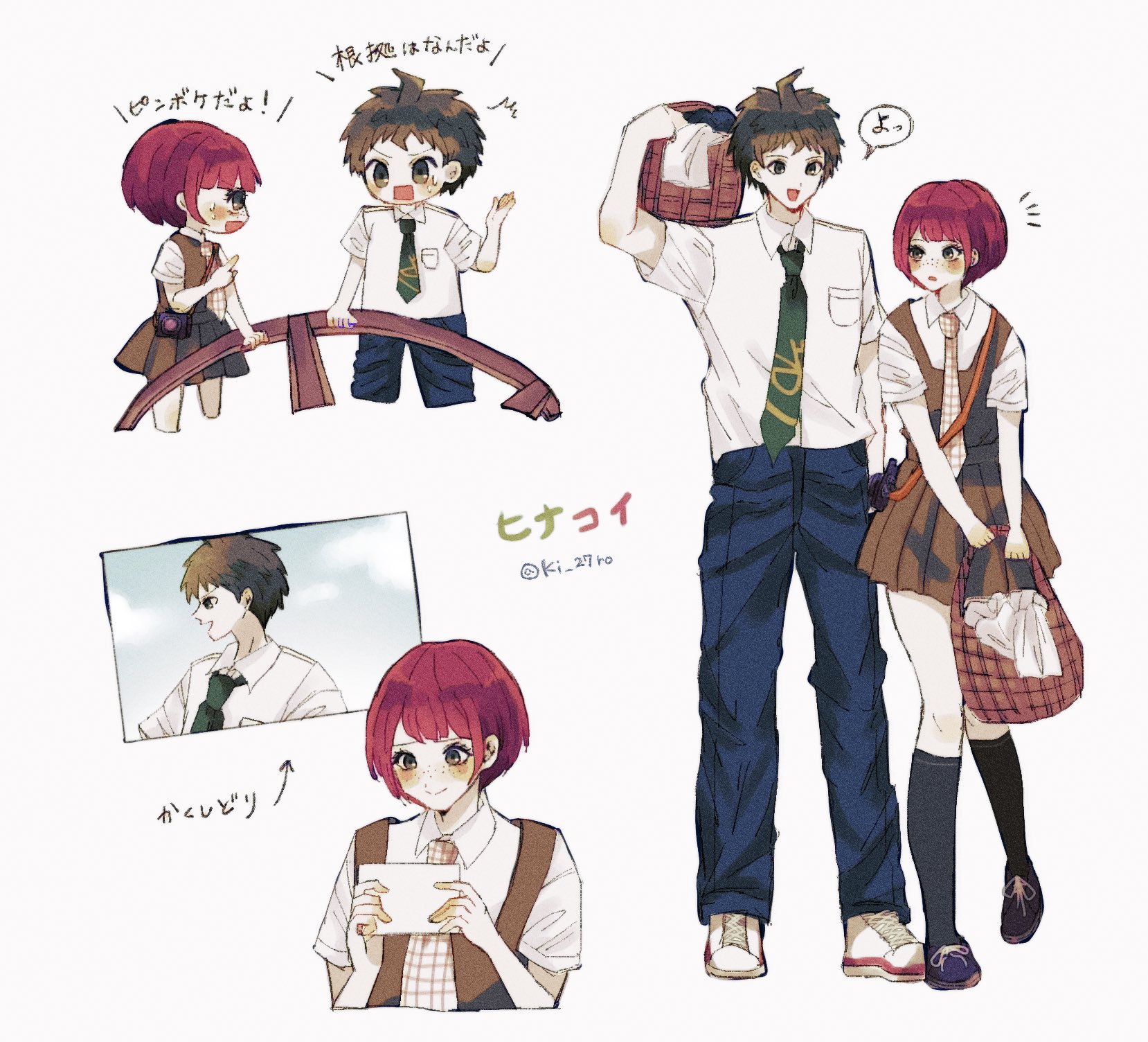 hinata hajime, koizumi mahiru, danganronpa (series), danganronpa 2: goodbye despair, commentary request, highres, translation request, 1boy, 1girl, ahoge, arrow (symbol), bag, basket, black socks, blue pants, breast pocket, brown hair, closed mouth, collared shirt, cropped legs, cropped torso, dress, eyelashes, freckles, full body, green dress, green eyes, green necktie, holding, holding bag, holding basket, holding photo, ki 27ro, kneehighs, multiple views, necktie, notice lines, open mouth, pants, photo (object), pinafore dress, plaid clothes, plaid necktie, pocket, purple shoes, red hair, shirt, shirt under dress, shoes, short hair, short sleeves, simple background, sleeveless, sleeveless dress, smile, socks, speech bubble, spiked hair, standing, sweatdrop, v-shaped eyebrows, white background, white shirt, white shoes