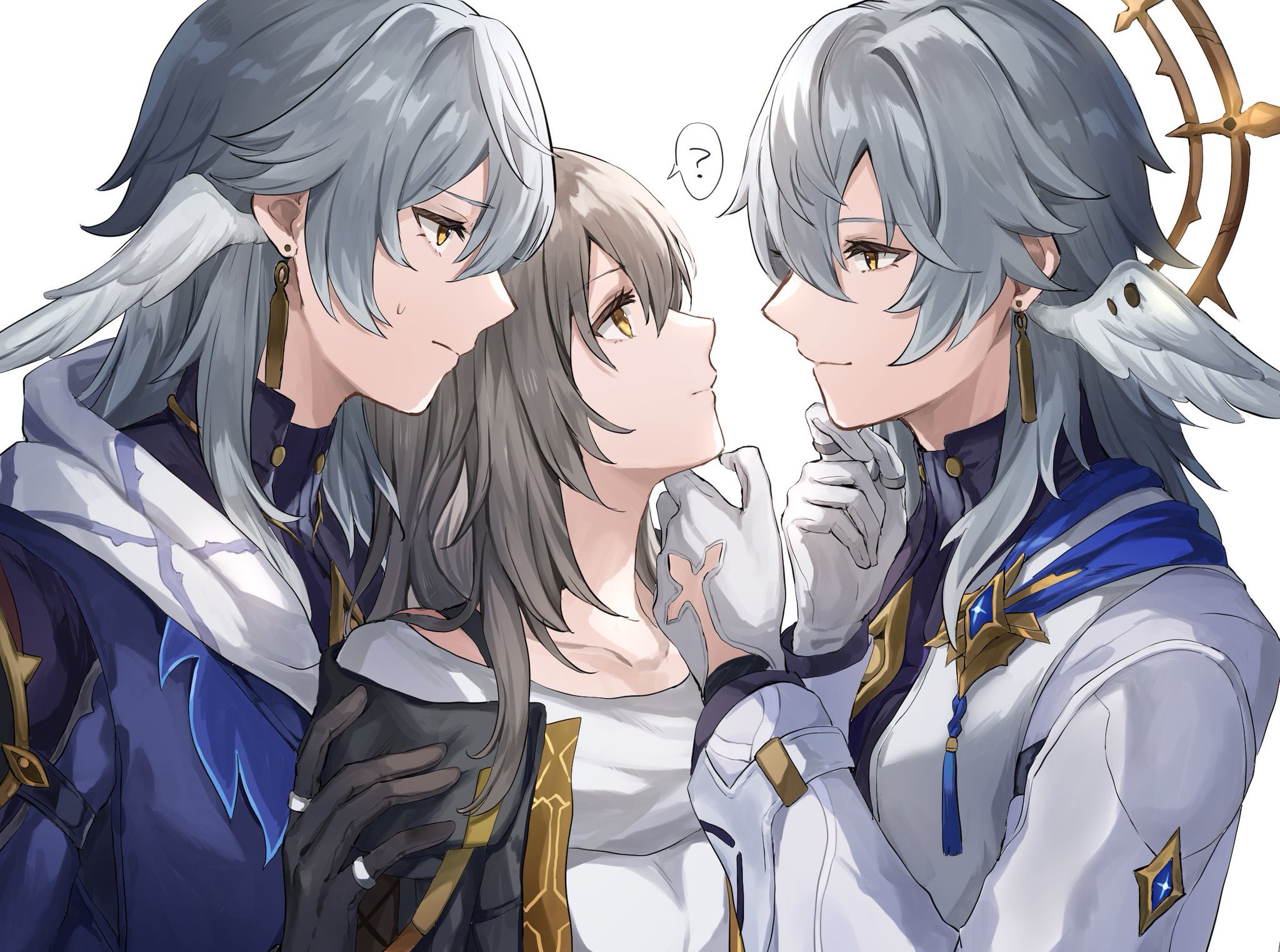 wf12ta, stelle (honkai: star rail), sunday (honkai: star rail), sunday (sacerdos' relived ordeal) (honkai: star rail), trailblazer (honkai: star rail), honkai: star rail, honkai (series), hashtag-only commentary, highres, 1girl, 2boys, ?, black gloves, black jacket, black shirt, blue jacket, boy sandwich, brooch, closed mouth, clothing cutout, dual persona, earrings, eye contact, feathered wings, from side, glove cutout, gloves, gold earrings, grabbing another's chin, grey hair, hair between eyes, halo, halo behind head, hand on another's chin, hand on another's shoulder, hand on own chin, hands up, head wings, hetero, jacket, jewelry, long hair, long sleeves, looking at another, multiple boys, open clothes, open jacket, piercing, profile, ring, sandwiched, scarf, shirt, simple background, smile, speech bubble, spiked halo, spoken question mark, sweat, tassel, turtleneck, turtleneck shirt, upper body, white background, white gloves, white jacket, white scarf, white shirt, white wings, wing piercing, wings, yellow eyes