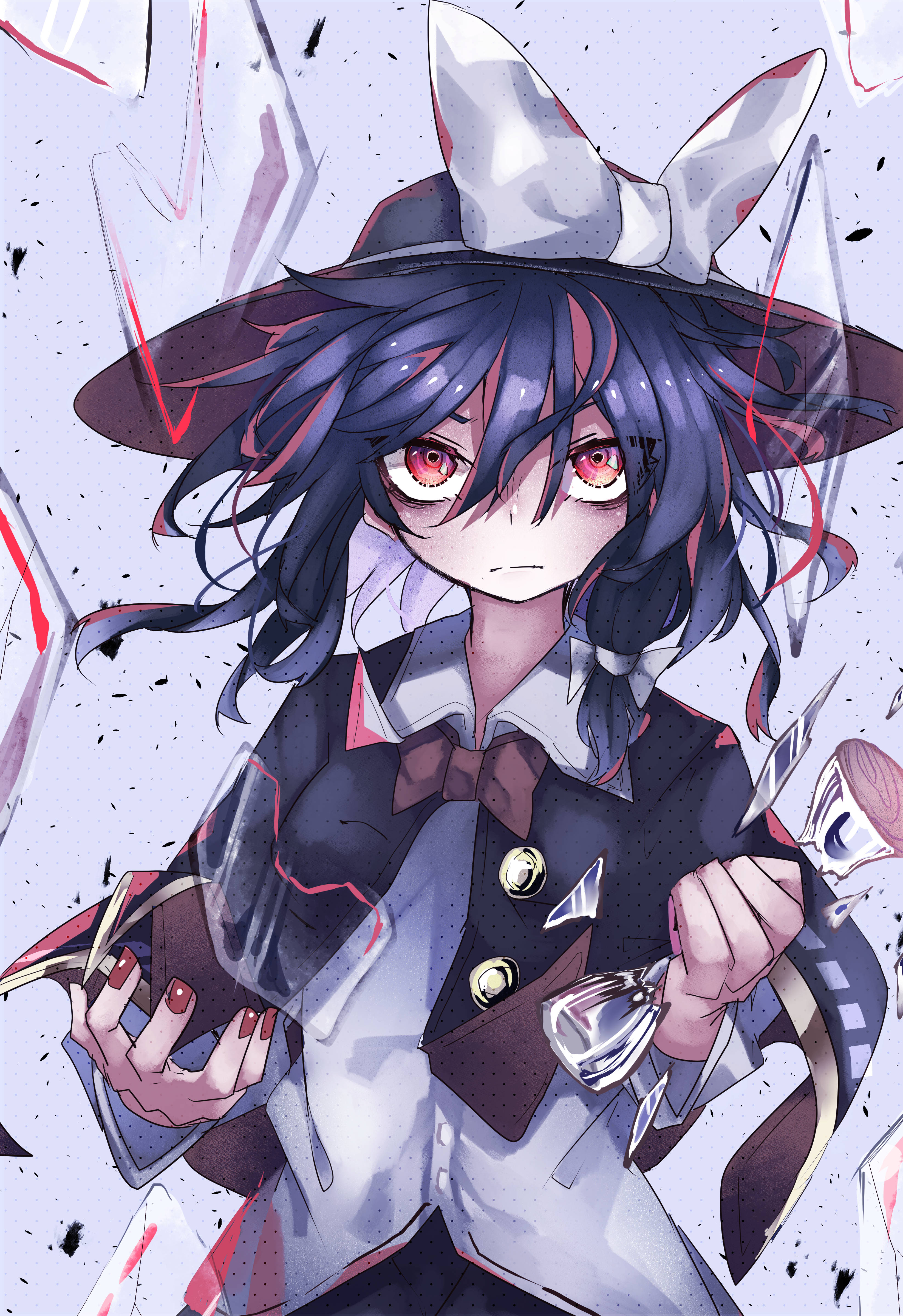 muraryo, usami renko, touhou, absurdres, commentary, highres, 1girl, black capelet, black hair, black hat, black skirt, bow, breaking, broken glass, buttons, capelet, closed mouth, collar, debris, glass, hair between eyes, hair bow, hat, holding, holding hourglass, hourglass, long sleeves, nail polish, red eyes, red nails, shirt, short hair, simple background, skirt, sleeve cuffs, solo, white bow, white collar, white shirt, wide brim