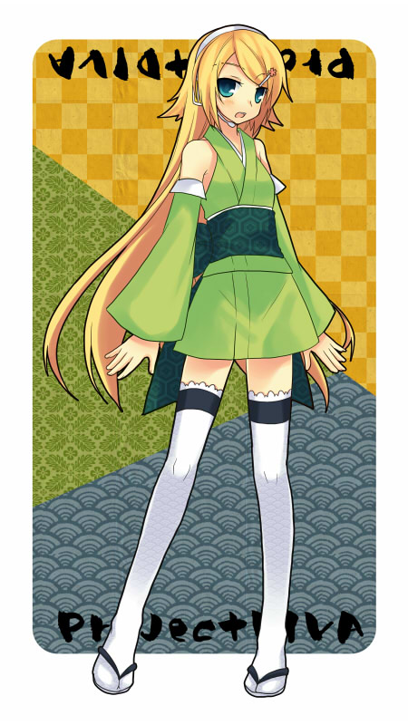 tamura hiro, hatsune miku (miyabi), kagamine rin, project diva, project diva (series), vocaloid, 1girl, alternate hairstyle, detached sleeves, female focus, green kimono, hair ornament, hairclip, hanairi kikkou, headset, hexagon, honeycomb pattern, japanese clothes, kimono, legs, long hair, sandals, seigaiha, short kimono, short yukata, solo, thighhighs, yukata, zettai ryouiki