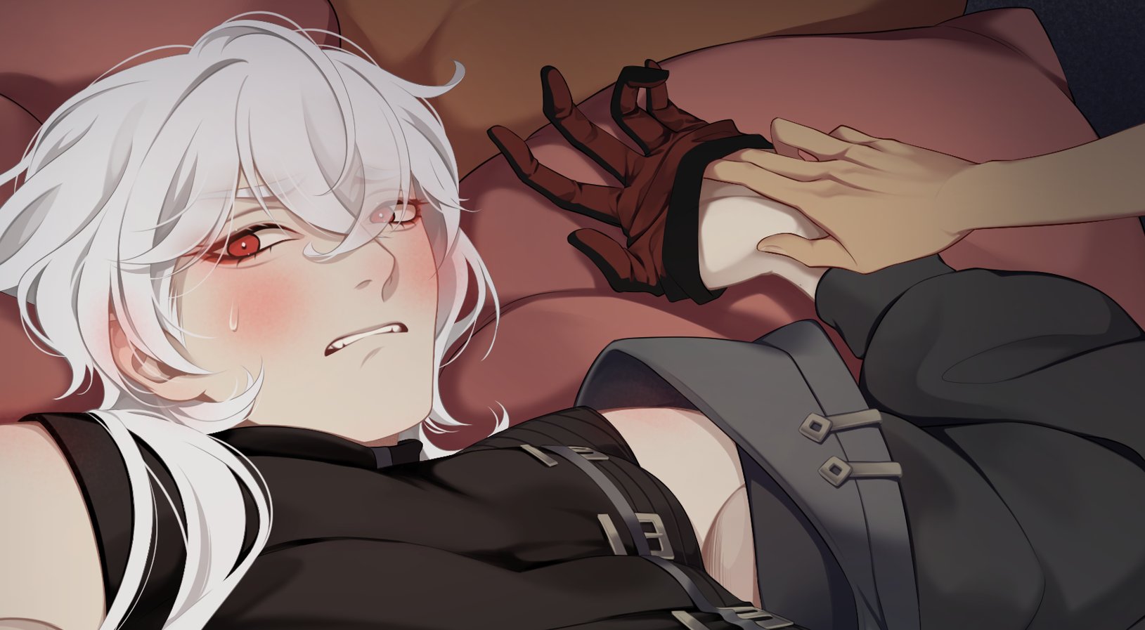 casper (a date with death), a date with death, highres, official art, promotional art, 1boy, aegyo sal, biting own lip, black jacket, black shirt, double-parted bangs, flustered, gloves, hair between eyes, half-closed eyes, jacket, jacket partially removed, jellyfish cut, looking at viewer, lying, male focus, on back, on bed, pov, pov hands, red eyes, red gloves, removing glove, shirt, sleeveless, sleeveless shirt, upper body, white hair