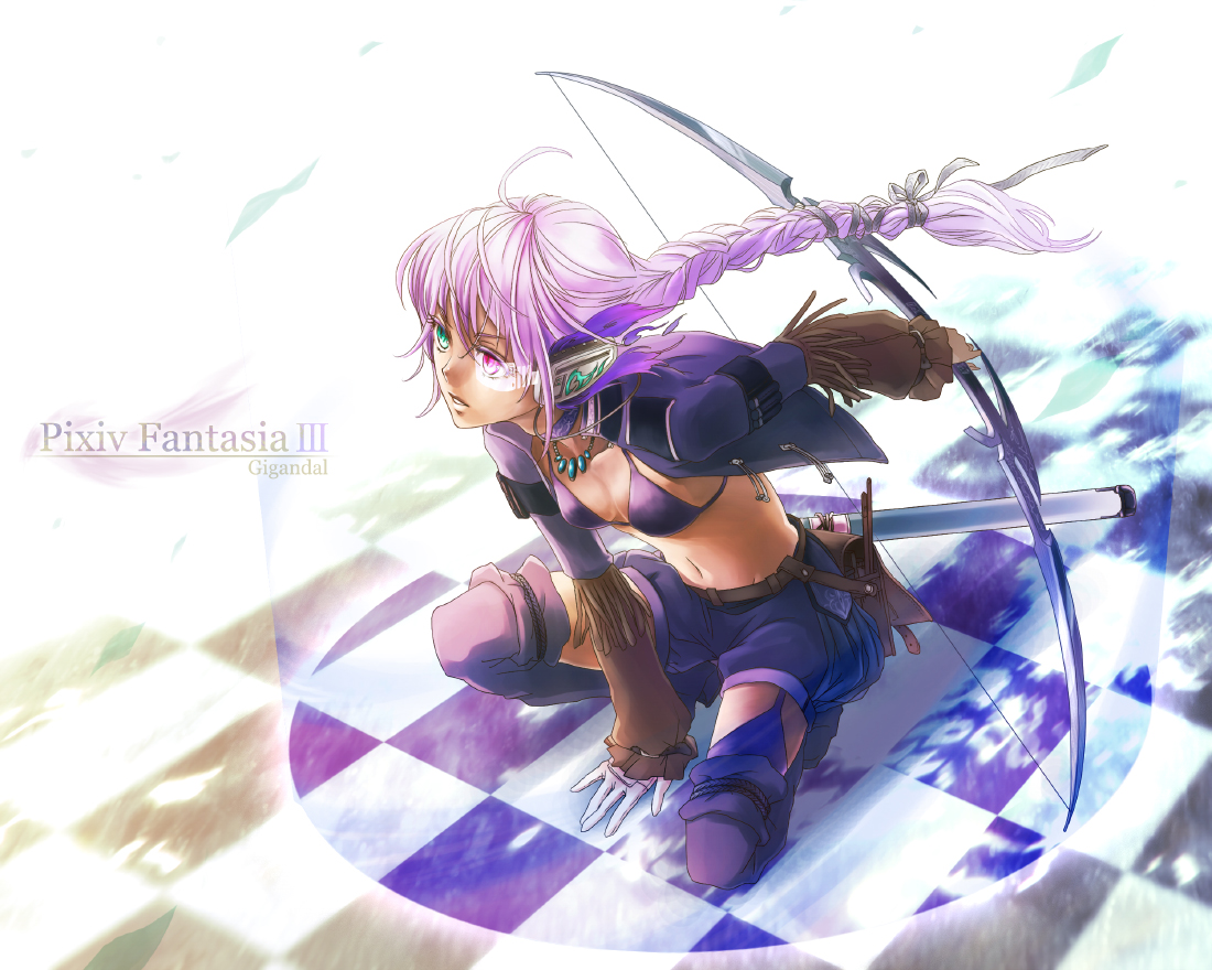 momopanda, pixiv fantasia, pixiv fantasia 3, 1girl, bag, bikini, bikini top only, boots, bow (weapon), braid, female focus, gloves, heterochromia, jewelry, necklace, purple hair, ribbon, satchel, shorts, solo, swimsuit, thigh boots, thighhighs, weapon