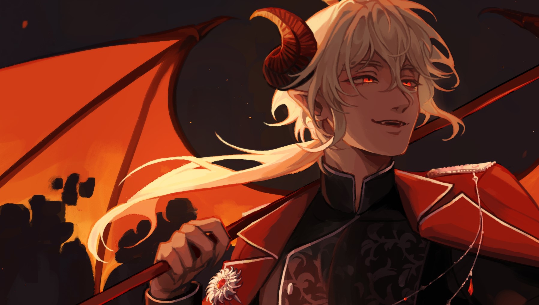 casper (a date with death), a date with death, highres, official art, promotional art, 1boy, :d, alternate costume, backlighting, bat wings, black shirt, double-parted bangs, embers, fangs, glowing, glowing eyes, hair between eyes, half-closed eyes, holding, holding scythe, horns, jacket, low ponytail, male focus, open mouth, over shoulder, ponytail, red eyes, red jacket, scythe, sheep horns, shirt, shoulder pads, smile, solo, upper body, weapon, weapon over shoulder, white hair, wind, wings