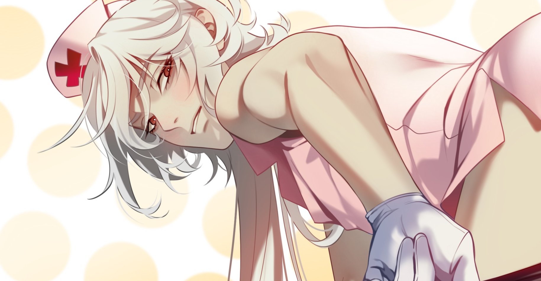 casper (a date with death), a date with death, highres, official art, promotional art, 1boy, ben-day dots, blush, collared dress, dress, gloves, hair over shoulder, half-closed eyes, hat, jellyfish cut, kneeling, long hair, looking at viewer, male focus, nurse cap, offering hand, parted lips, pink dress, red eyes, revealing clothes, screentones, short dress, solo, thighs, white gloves, white hair