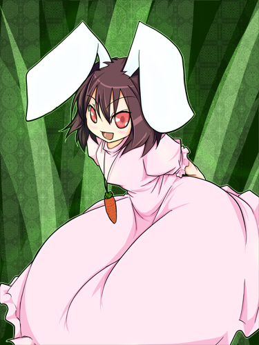 ryu-tan, ryutan, inaba tewi, touhou, bad id, bad pixiv id, lowres, 1girl, animal ears, carrot, dress, female focus, jewelry, open mouth, pendant, plant, rabbit ears, red eyes, smile, solo