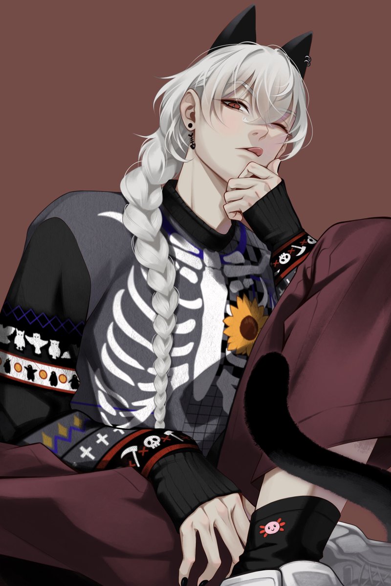 red-eyes macadamiachoco, casper (a date with death), a date with death, highres, official art, promotional art, 1boy, ;p, alternate costume, animal ear piercing, animal ears, animal print, axolotl, black socks, black sweater, braid, cat ears, crossed bangs, double-parted bangs, earrings, flower, flower pin, from below, hair between eyes, hand on own chin, head tilt, jewelry, knee up, looking at viewer, male focus, one eye closed, shoes, single braid, skeleton print, sneakers, socks, solo, stud earrings, sunflower, sweater, tongue, tongue out, white hair