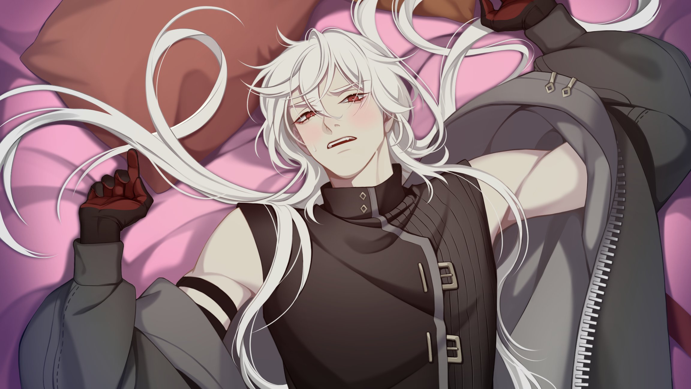 casper (a date with death), a date with death, highres, official art, promotional art, 1boy, armpits, arms up, bed, black gloves, blush, elbow gloves, fangs, from above, gloves, jacket, jacket partially removed, jellyfish cut, looking at viewer, lying, male focus, multicolored gloves, on back, open mouth, outstretched arms, pillow, pinned, red gloves, single elbow glove, sleeveless, sleeveless turtleneck, solo, toned, toned male, transparent background, turtleneck, white hair