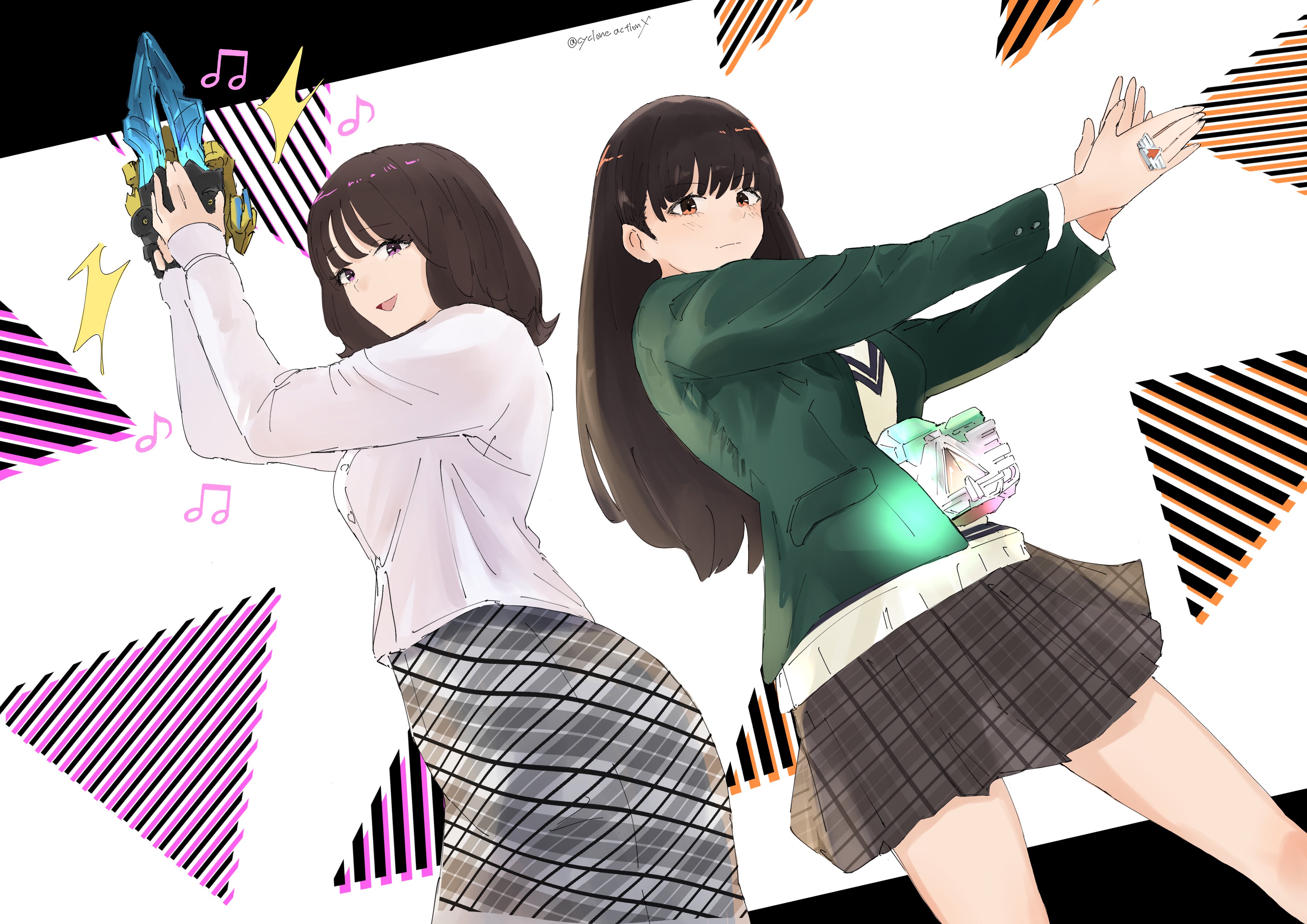 cycloneactionx, no.1 sentai gozyuger, super sentai, absurdres, character request, copyright request, highres, 2girls, black hair, clapping, cowboy shot, green jacket, grey skirt, henshin pose, jacket, long hair, miniskirt, multiple girls, pleated skirt, shirt, short hair, skirt, sweater, tega sword, twitter username, white shirt, yellow sweater