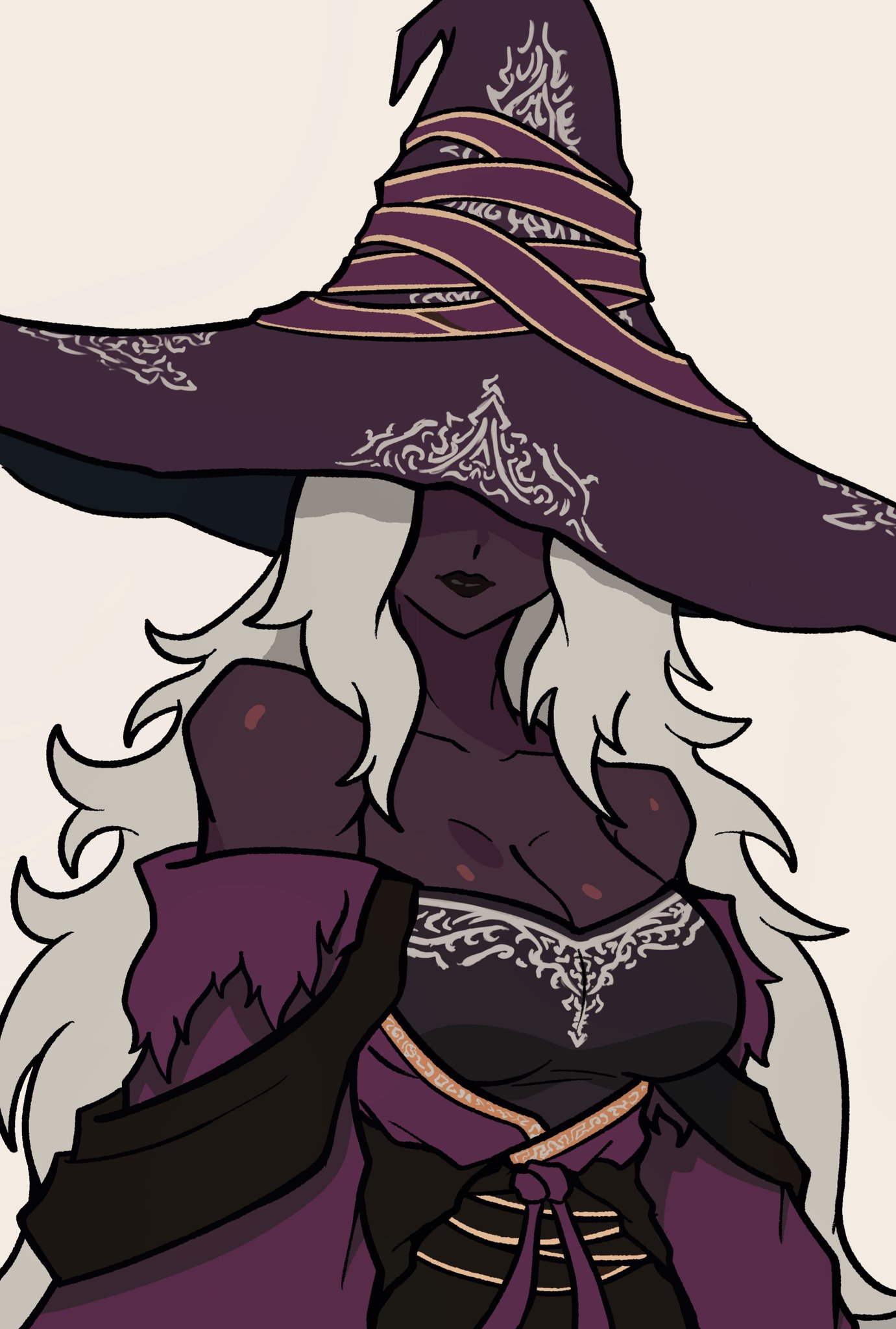 abyssvel78, recluse (elden ring), elden ring, elden ring nightreign, highres, 1girl, bare shoulders, black lips, breasts, cleavage, hat, hat over eyes, large breasts, large hat, long hair, purple hat, purple sleeves, solo, upper body, wavy hair, white background, white hair, witch