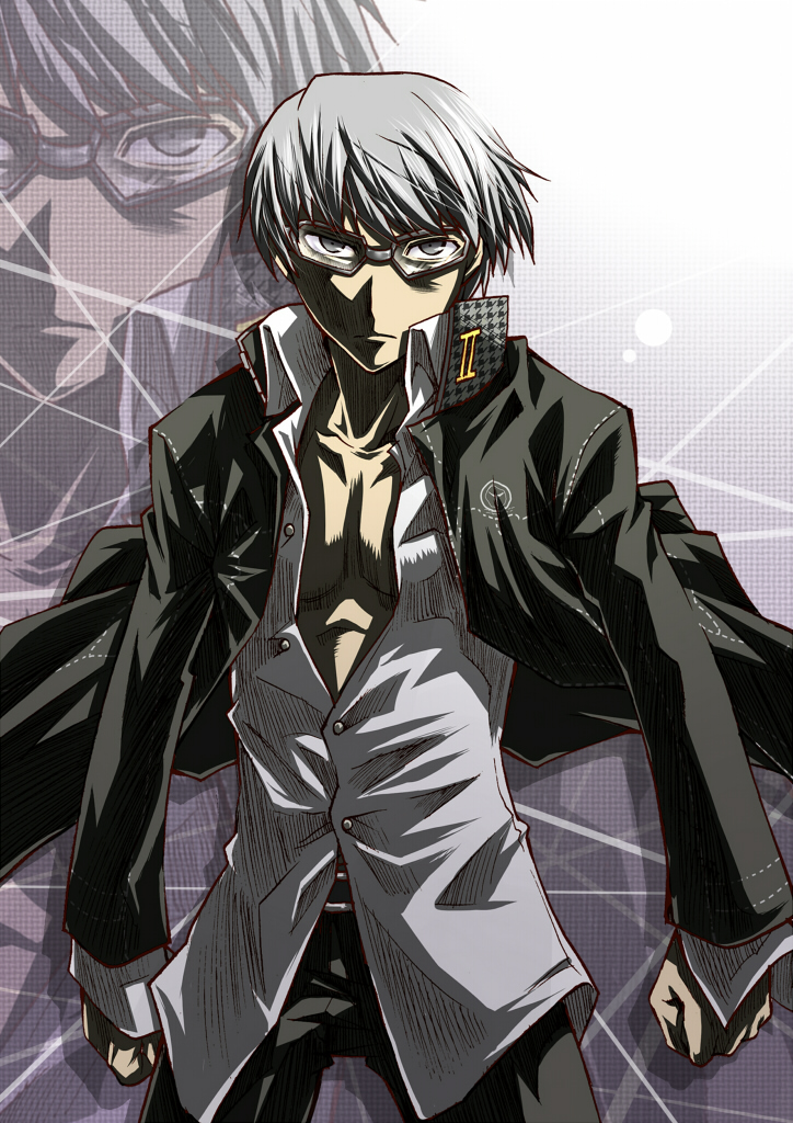segami daisuke, narukami yu, atlus, persona, persona 4, silver hair, 1boy, glasses, grey eyes, male focus, manly, school uniform, short hair, solo, sunglasses, zoom layer