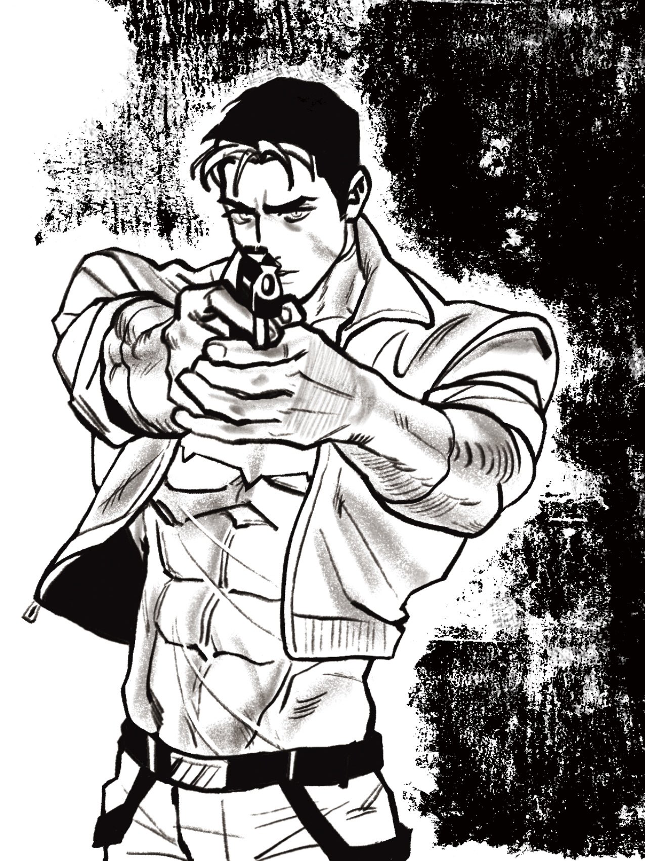 my northstar, jason todd, red hood (dc), batman (series), dc comics, hashtag-only commentary, highres, 1boy, bat signal, batman symbol, black bodysuit, black hair, bodysuit, brown jacket, grey bodysuit, gun, handgun, holding, holding gun, holding weapon, jacket, male focus, multicolored bodysuit, muscular, muscular male, open clothes, pants, red hood and the outlaws, short hair, superhero costume, taut bodysuit, trigger discipline, two-tone bodysuit, weapon