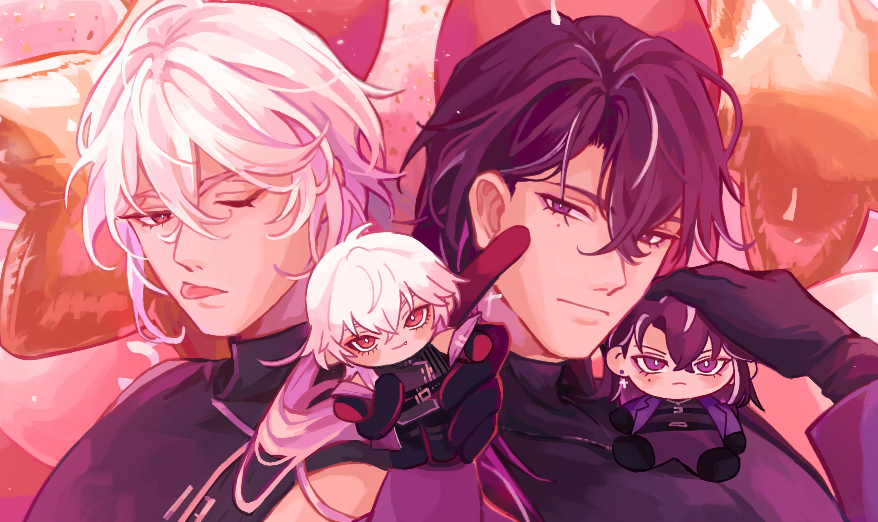 casper (a date with death), a date with death, character request, highres, official art, promotional art, 2boys, ;p, balloon, black eyes, black gloves, black hair, black shirt, character doll, doll, gloves, high collar, holding, holding doll, jellyfish cut, long sleeves, looking at viewer, male focus, mole, mole under eye, multiple boys, one eye closed, red eyes, shirt, sleeveless, sleeveless shirt, tongue, tongue out, upper body, white hair, white streaks