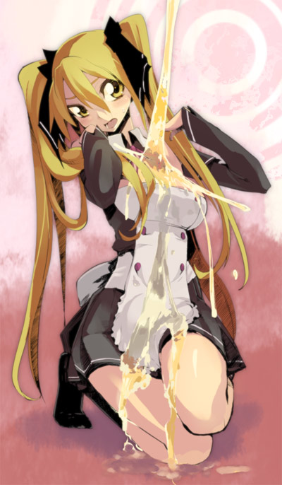 hyocorou, mian (dream c club), dream c club, dream c club (series), 1girl, alcohol, beer, blonde hair, blush, detached sleeves, female focus, hair ribbon, long hair, maid, ribbon, solo, twintails, waitress, yellow eyes