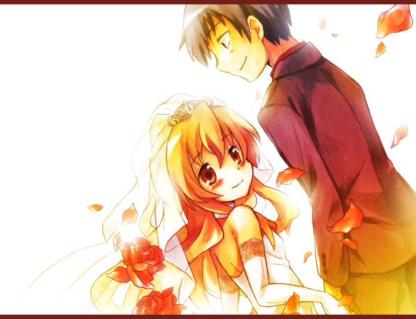 tachitsu teto, aisaka taiga, takasu ryuuji, toradora!, marker (medium), millipen (medium), pen (medium), traditional media, 00s, 1boy, 1girl, bloom, bridal veil, bride, couple, dress, elbow gloves, flower, gloves, hetero, holding hands, looking back, petals, red flower, red rose, rose, rose petals, veil, wedding dress