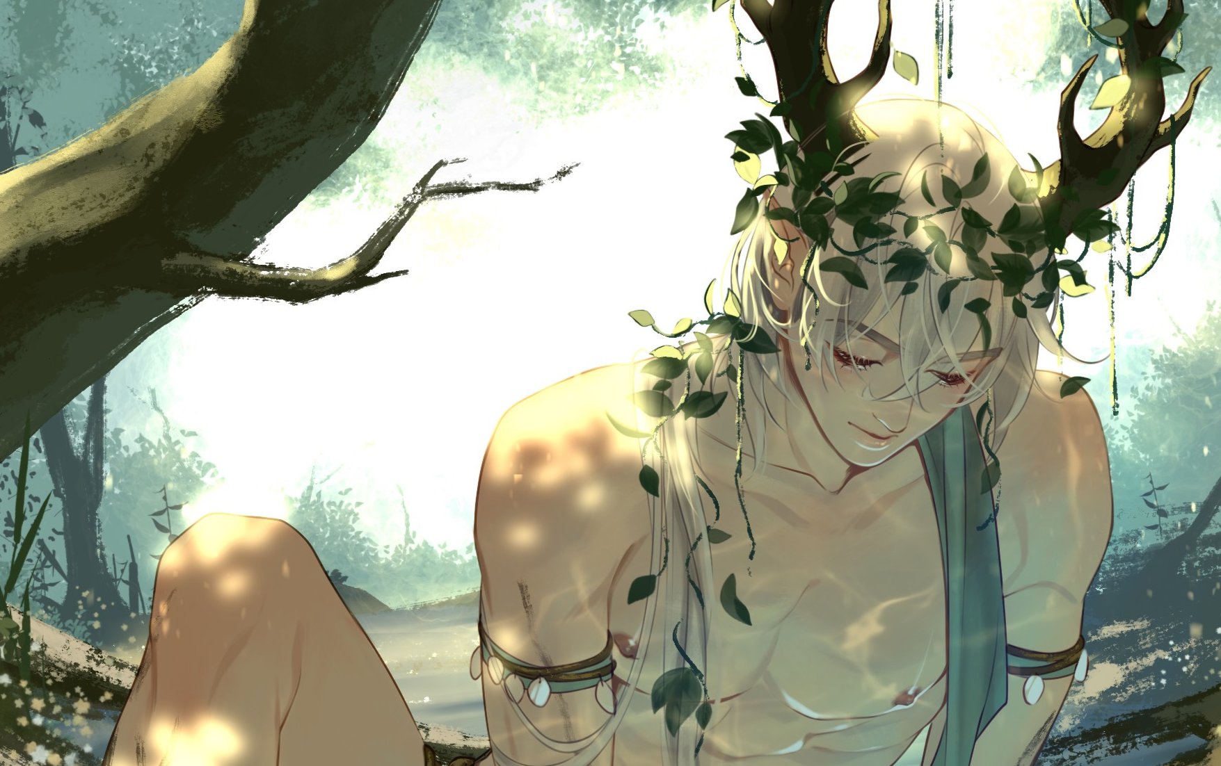 casper (a date with death), a date with death, highres, official art, promotional art, 1boy, alternate costume, alternate universe, antlers, armlet, backlighting, branch, caustics, closed eyes, crossed bangs, dappled sunlight, day, double-parted bangs, hair between eyes, hair over shoulder, horns, jellyfish cut, jewelry, knee up, leaf, leaf on head, male focus, nipples, no shirt, outdoors, pectorals, smile, solo, sunlight, tree, white hair, wreath