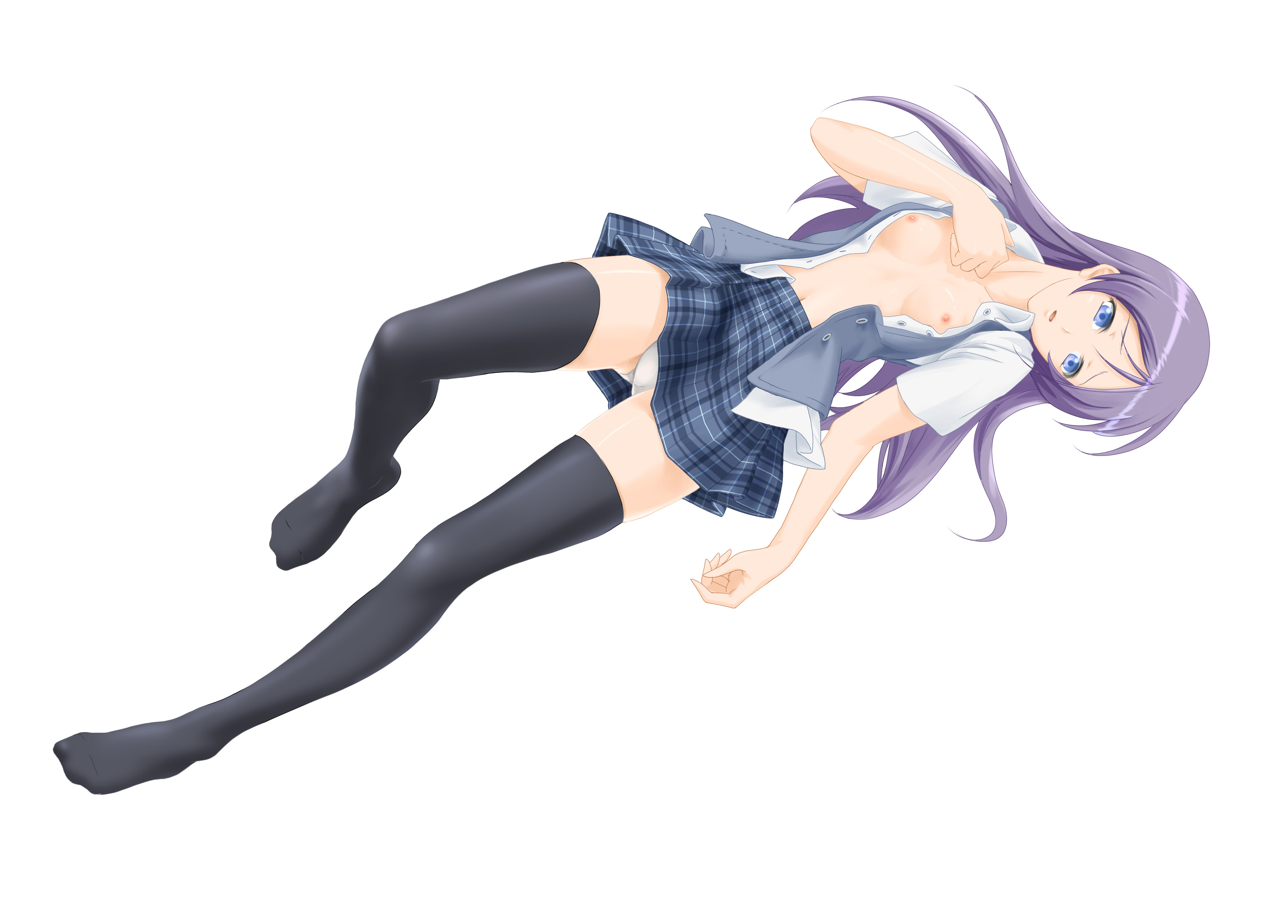 komeimax, original, absurdres, bad id, bad pixiv id, highres, 1girl, blue eyes, breasts, female focus, legs, long hair, lying, nipples, open clothes, open shirt, plaid clothes, plaid skirt, purple hair, school uniform, shirt, skirt, small breasts, small nipples, solo, thighhighs, zettai ryouiki