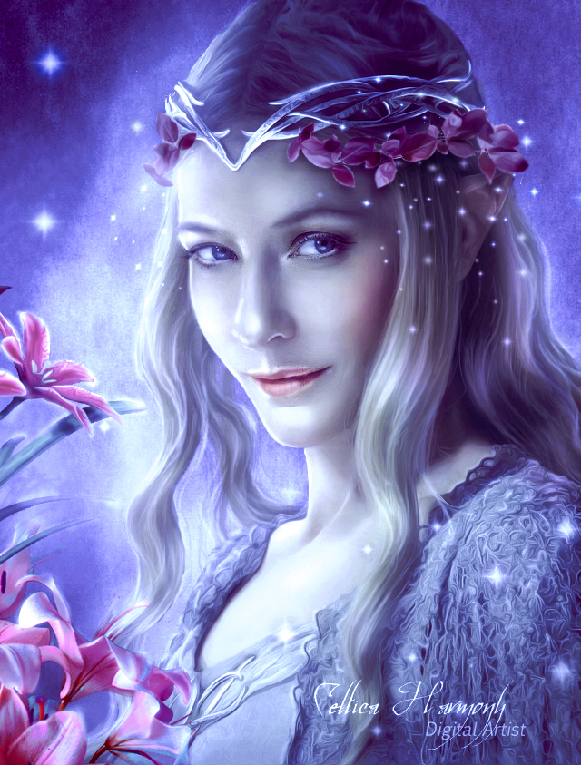 galadriel, the lord of the rings, tolkien's legendarium, commentary, english commentary, 1girl, artist name, blonde hair, blue eyes, celtica-harmony, closed mouth, dress, elf, flower, laurels, light smile, long hair, looking at viewer, pink flower, pointy ears, queen, smile, solo, white dress