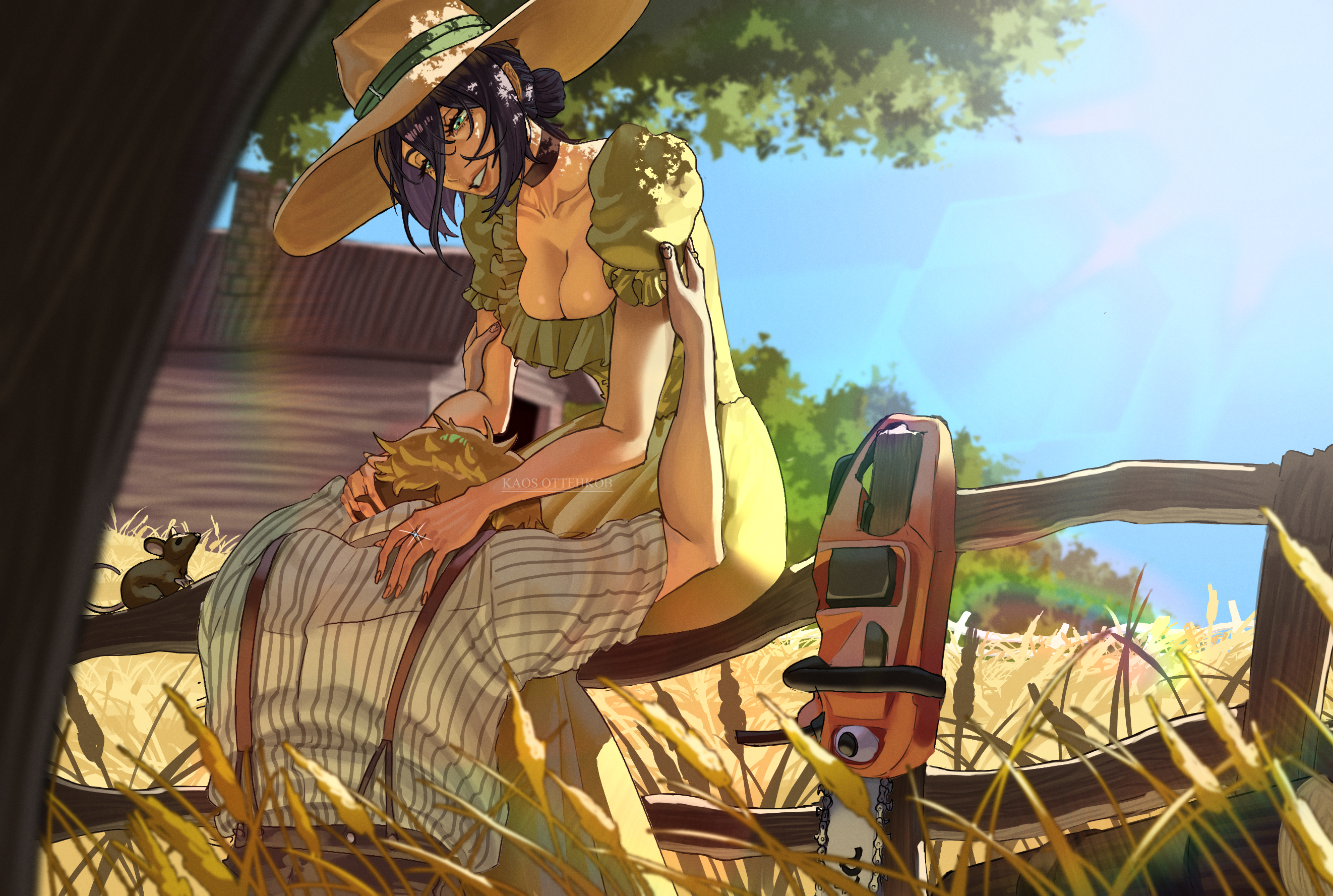 kaosottehkob, denji (chainsaw man), reze (chainsaw man), chainsaw man, highres, 1boy, 1girl, blue sky, breasts, cleavage, day, dress, fence, green dress, green eyes, hair bun, hat, house, medium breasts, mouse (animal), outdoors, purple hair, shirt, sky, striped clothes, striped shirt, sun hat, suspenders, white shirt, wooden fence