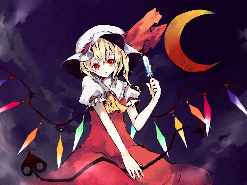 shiina aya, flandre scarlet, touhou, 1girl, blonde hair, blouse, cloud, collared shirt, female focus, hat, head tilt, moon, outdoors, red eyes, shirt, sitting, sky, solo, white hat, white shirt, wings