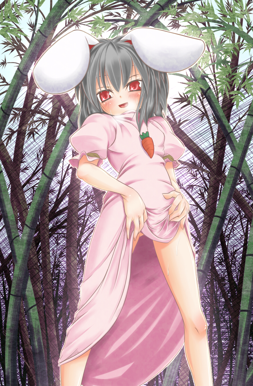 ryu-tan, inaba tewi, touhou, bad id, bad pixiv id, highres, 1girl, animal ears, blush, clothes lift, female focus, naughty face, rabbit ears, red eyes, skirt, skirt lift, solo