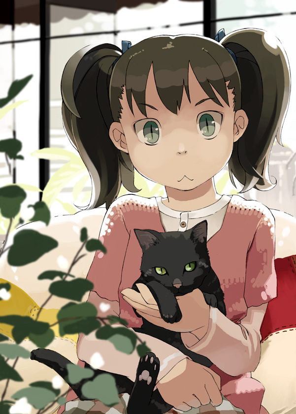 yukihiroyuki, eyebrows, :<, :3, backlighting, blurry, cat, depth of field, green eyes, indoors, layered sleeves, long sleeves, plant, short over long sleeves, short sleeves, slit pupils, solo, twintails