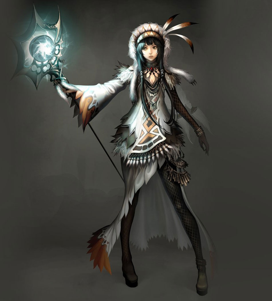 elementalist (atlantica online), atlantica online, 1girl, feathers, female focus, fishnet pantyhose, fishnets, long hair, pantyhose, solo, staff