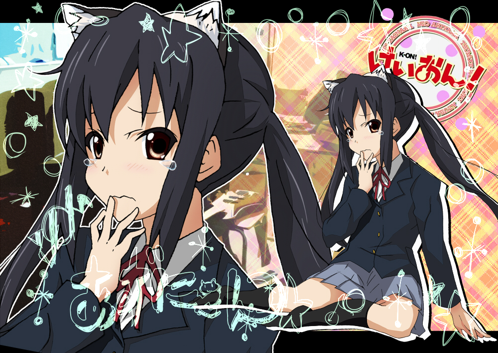 amage kanade, sou (pixiv), nakano azusa, k-on!, bad id, bad pixiv id, 00s, 1girl, animal ears, black hair, blush, brown eyes, cat ears, cat girl, female focus, long hair, neck ribbon, red ribbon, ribbon, school uniform, sitting, skirt, socks, solo, tears, twintails, zoom layer