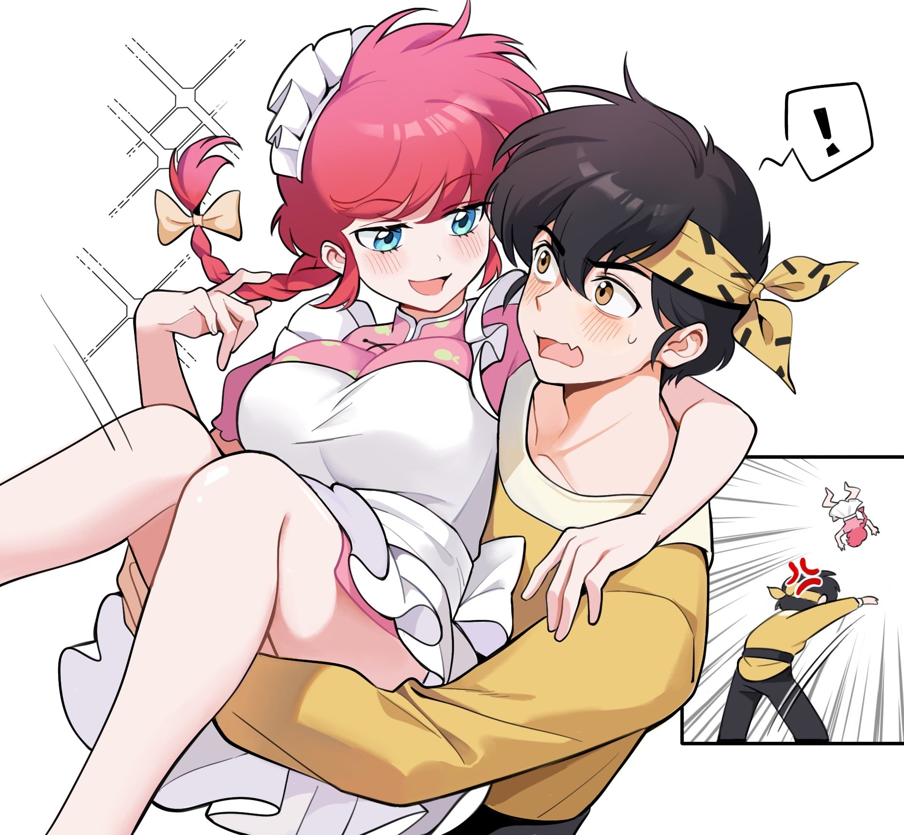 bai xin, hibiki ryouga, ranma-chan, ranma 1/2, commentary, highres, symbol-only commentary, 1boy, 1girl, apron, bandana, black hair, blue eyes, blush, braid, braided ponytail, breasts, carrying, chinese clothes, maid apron, princess carry, red hair, white background, yellow bandana, yellow eyes