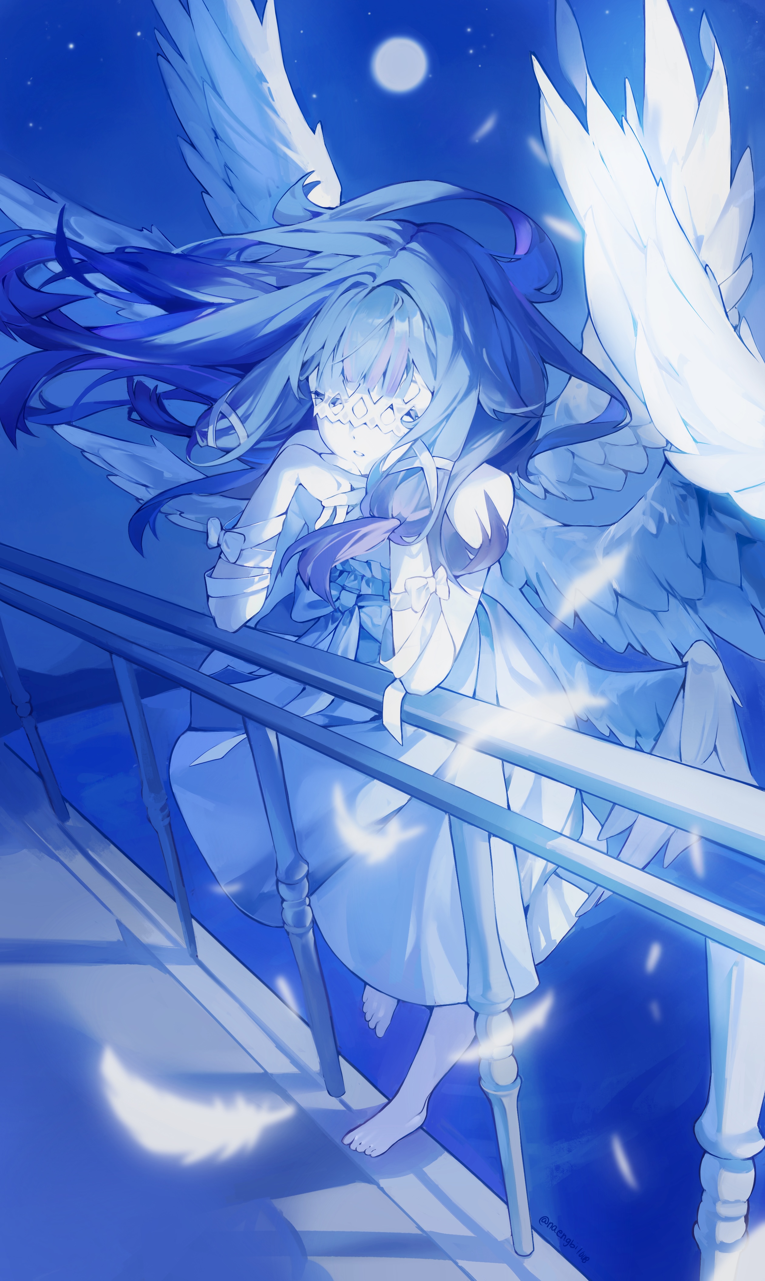 naengbi1008, columbina (genshin impact), genshin impact, absurdres, commentary, highres, korean commentary, 1girl, black hair, dress, falling feathers, feathered wings, feathers, full moon, hair ribbon, head wings, long hair, moon, multiple wings, night, night sky, outdoors, parted lips, pink hair, ribbon, sidelocks, sky, solo, very long hair, white dress, white feathers, white mask, white ribbon, white wings, wings, wrist ribbon