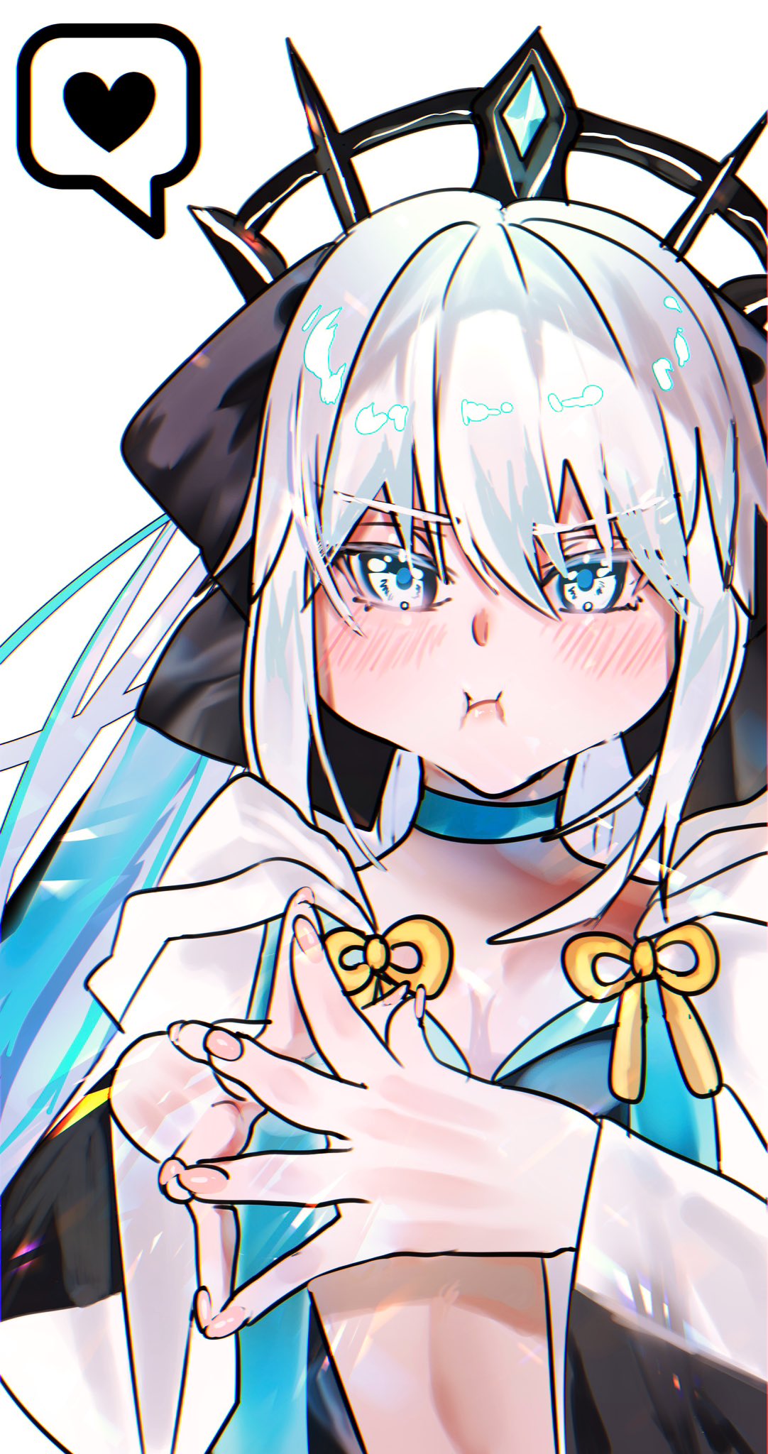 umeshu kan, morgan le fay (fate), morgan le fay (second ascension) (fate), fate/grand order, fate (series), highres, 1girl, black bow, black tiara, blue choker, blue eyes, bow, choker, hair between eyes, hair bow, long hair, looking at viewer, ponytail, simple background, solo, tiara, white hair