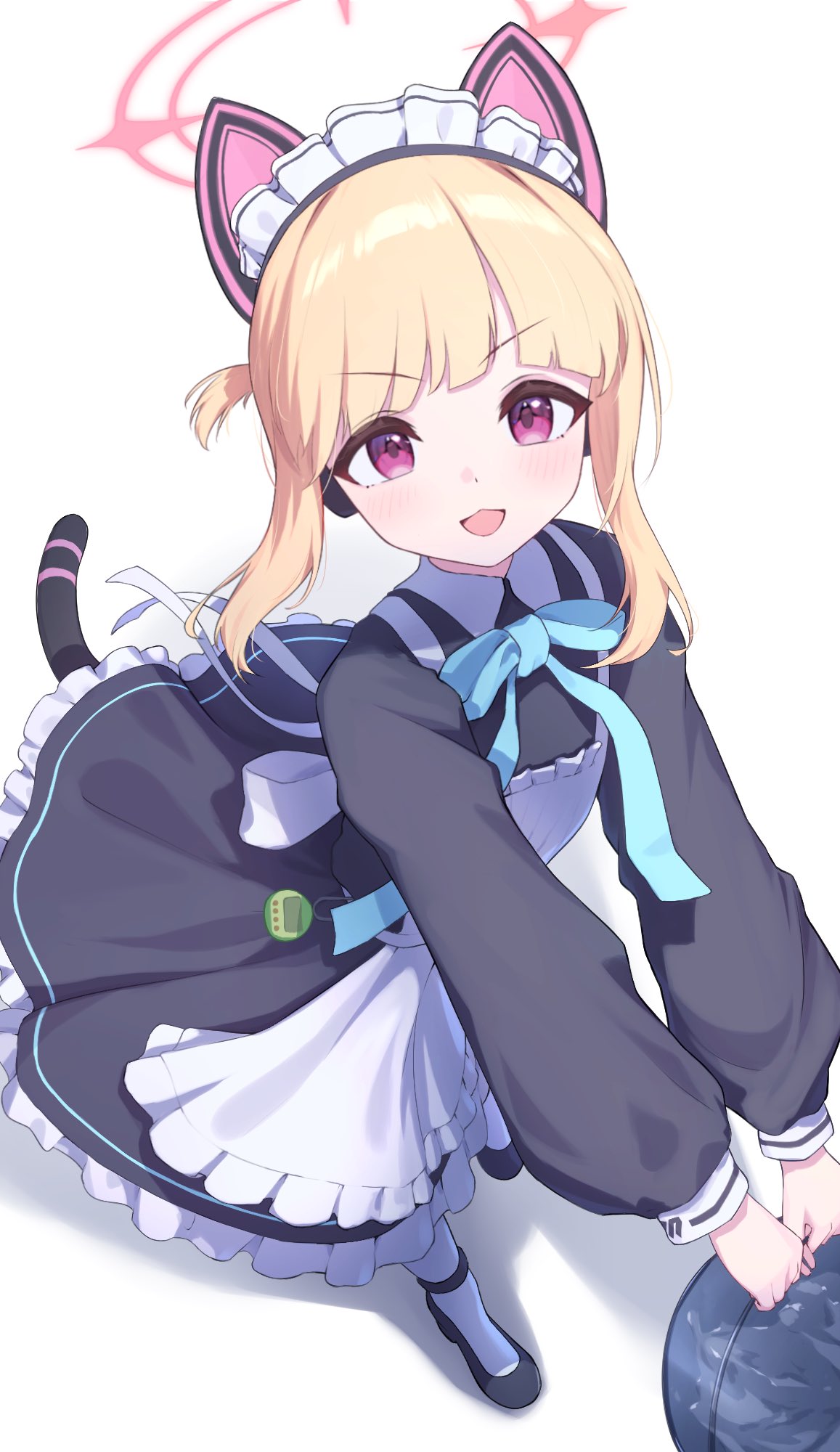 aimo wotku, momoi (blue archive), momoi (maid) (blue archive), blue archive, commentary request, highres, 1girl, :3, :d, animal ear headphones, animal ears, apron, black dress, black shoes, blonde hair, blue bow, blue bowtie, blunt bangs, blush, bow, bowtie, bucket, cat ear headphones, cat ears, cat tail, dress, fake animal ears, fake tail, foreshortening, frilled apron, frilled dress, frills, from above, full body, halo, headphones, holding, holding bucket, long sleeves, looking at viewer, looking up, maid, maid headdress, medium hair, millennium science school logo, official alternate costume, official alternate hairstyle, open mouth, pink halo, puffy long sleeves, puffy sleeves, red eyes, shoes, sidelocks, simple background, smile, solo, tail, tareme, v-shaped eyebrows, v arms, white apron, white background