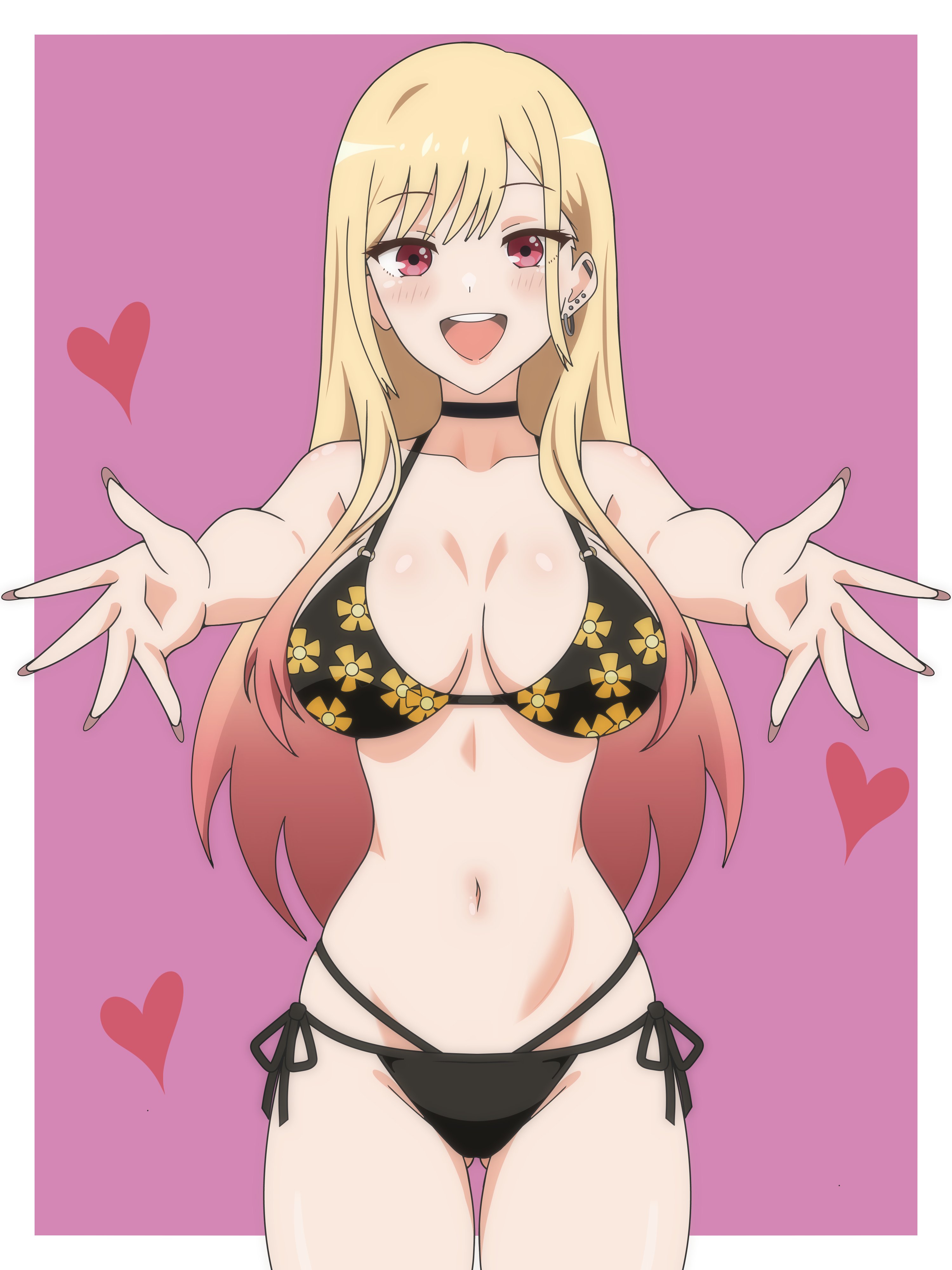 dani (angrymatthew), kitagawa marin, sono bisque doll wa koi wo suru, absurdres, commentary request, highres, 1girl, bikini, black bikini, blonde hair, border, breasts, cowboy shot, gradient hair, large breasts, long hair, multicolored hair, open mouth, pink background, pink hair, red eyes, simple background, smile, solo, swimsuit, two-tone hair, white border
