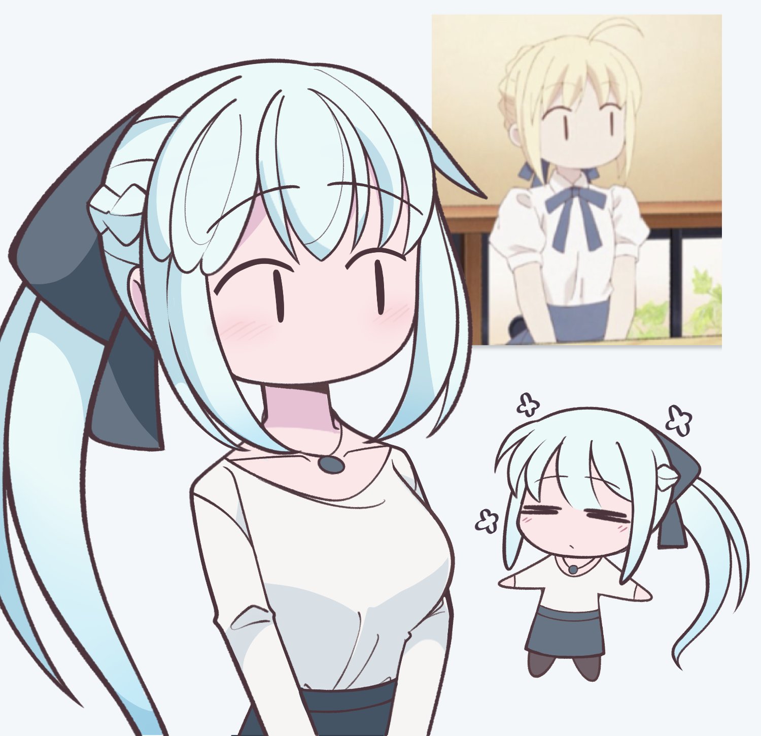 artoria pendragon (fate), morgan le fay (fate), saber (fate), fate/grand order, fate (series), highres, 2girls, black bow, blonde hair, bow, braid, closed eyes, hair between eyes, hair bow, half up braid, ichigo berry, jewelry, long hair, multiple girls, necklace, ponytail, simple background, very long hair, white background, white hair