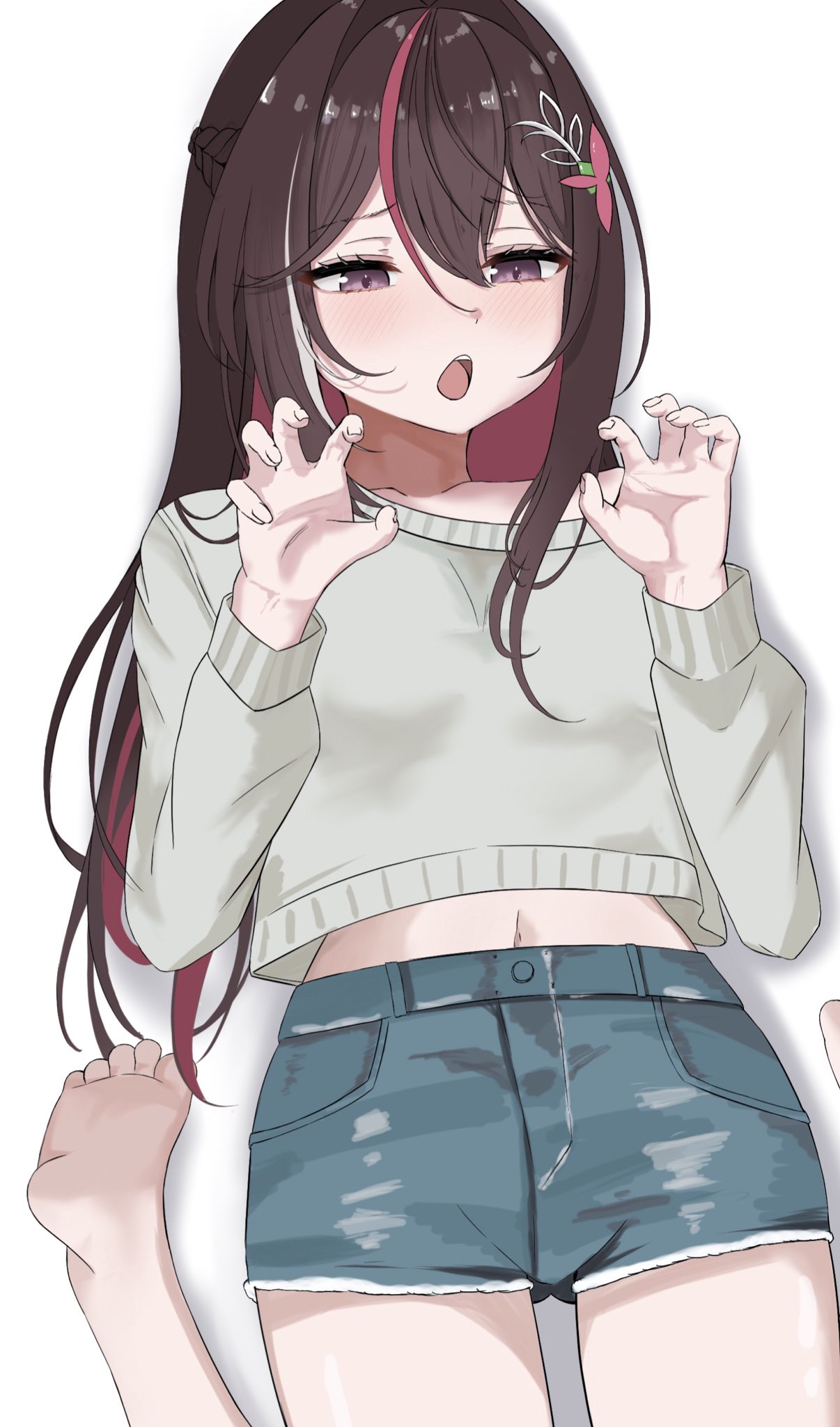 isanaisana, azki (hololive), hololive, commentary request, highres, 1boy, 1girl, alternate costume, asymmetrical sidelocks, blue shorts, blush, braid, brown hair, claw pose, colored inner hair, cowboy shot, crop top, crop top overhang, cropped sweater, denim, denim shorts, double-parted bangs, drop shadow, embarrassed, fingernails, frayed shorts, grey sweater, hair between eyes, hair ornament, hairclip, half up braid, long hair, long sleeves, multicolored hair, navel, no mole, out of frame, pink hair, pink streaks, purple eyes, short shorts, shorts, sidelocks, solo focus, sweater, very long hair, virtual youtuber, white streaks
