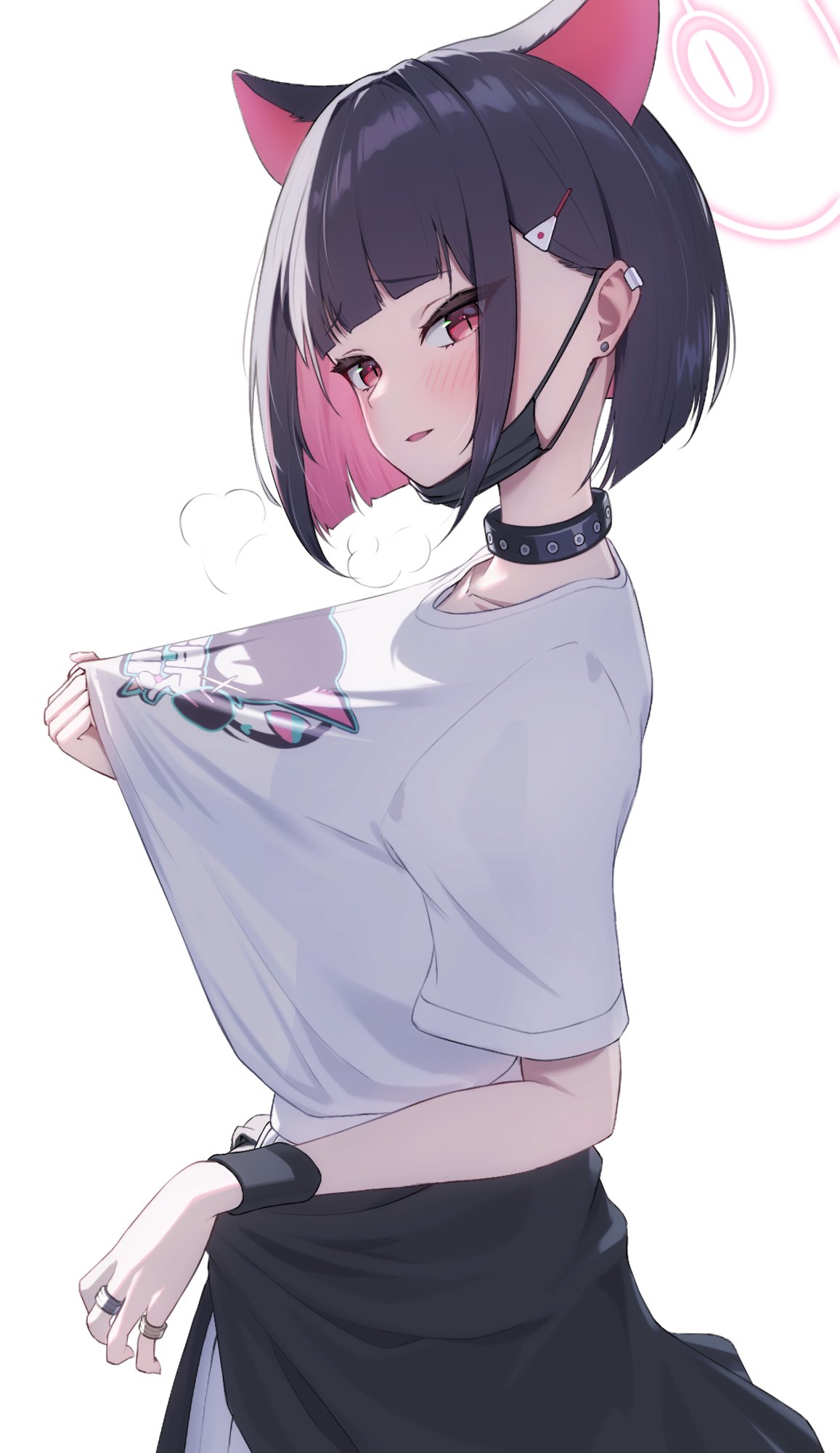 aimo wotku, kazusa (band) (blue archive), kazusa (blue archive), blue archive, commentary request, highres, 1girl, animal ears, animal print, black choker, black hair, black wrist cuffs, blunt bangs, blunt ends, blush, bob cut, cat ears, cat girl, cat print, choker, clothes around waist, clothes pull, collarbone, colored inner animal ears, colored inner hair, cowboy shot, earclip, earrings, extra ears, from side, furrowed brow, hair behind ear, hair ornament, hairclip, halo, hand up, jewelry, mask, mask pull, mouth mask, multicolored hair, multiple rings, official alternate costume, open mouth, pink halo, print shirt, puff of air, pulling own clothes, red eyes, ring, see-through clothes, see-through shirt, shirt, shirt pull, short hair, short sleeves, simple background, slit pupils, smile, solo, straight hair, stud earrings, t-shirt, two-tone hair, white background, white shirt, wrist cuffs