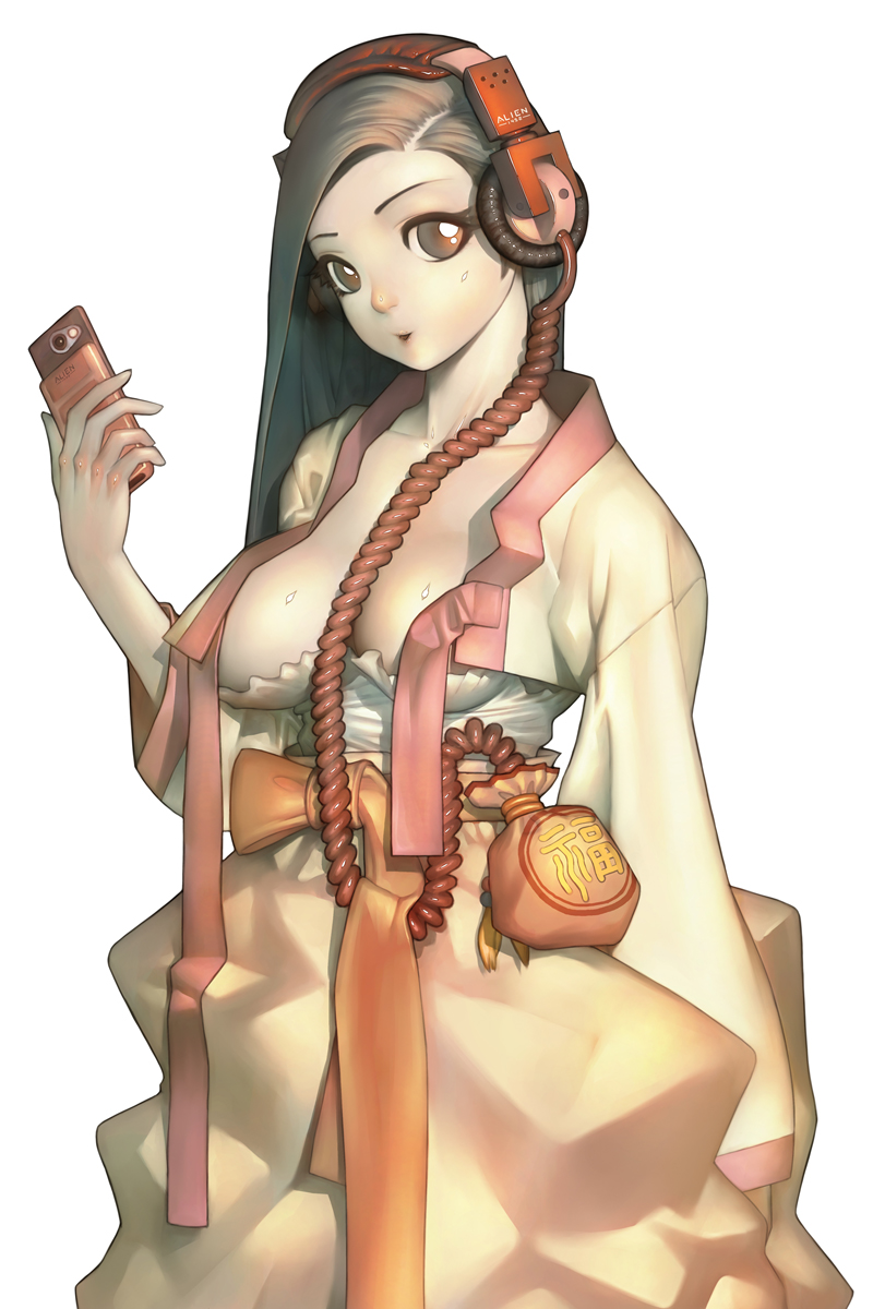 alien1452, highres, 1girl, breasts, brown eyes, brown hair, camera, camera phone, cellphone, female focus, hanbok, headphones, korean clothes, long hair, phone, shiny skin, simple background, solo