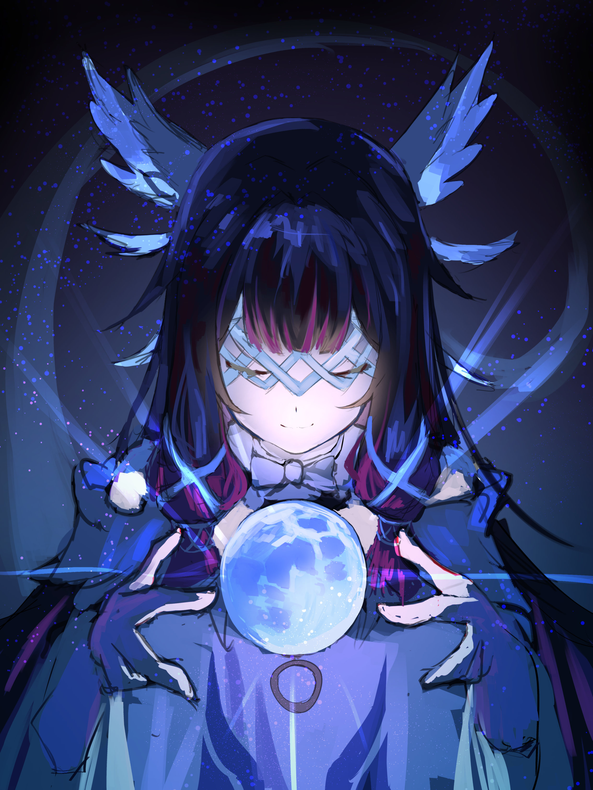 aoiromya, columbina (genshin impact), genshin impact, absurdres, highres, 1girl, black hair, choker, closed eyes, closed mouth, dress, feathered wings, full moon, hair ribbon, head wings, long hair, moon, multiple wings, ribbon, smile, solo, white choker, white dress, white mask, wings