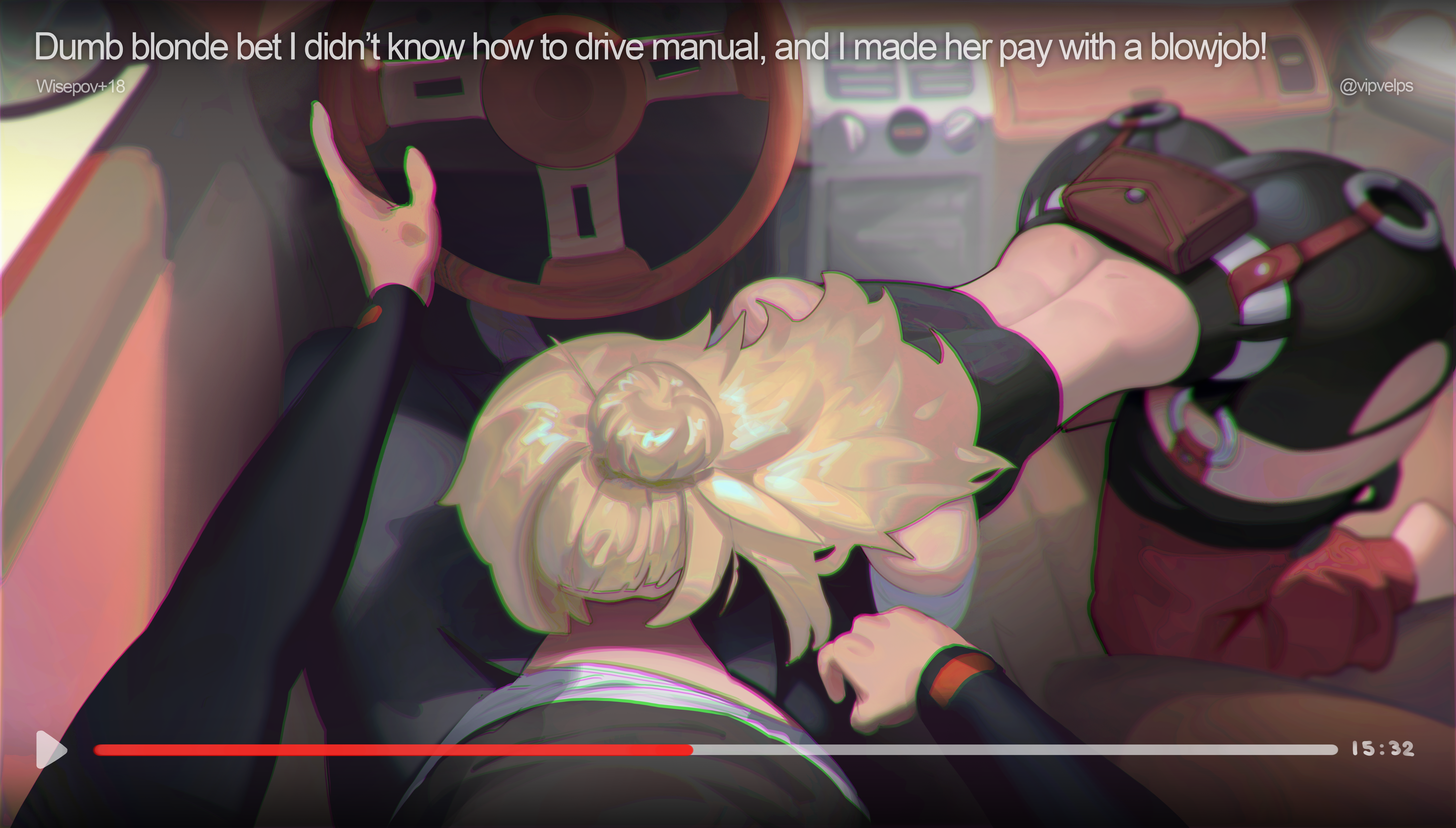 piper wheel, wise (zenless zone zero), zenless zone zero, absurdres, commentary, english commentary, highres, 1boy, 1girl, all fours, ass, back, bare shoulders, barefoot, black pants, black shirt, black shorts, black tube top, blonde hair, car interior, crop top, detached pants, detached sleeves, english text, fake video, hetero, implied fellatio, long hair, orange pants, pants, progress bar, shirt, shorts, sitting, steering wheel, strapless, tube top, vipvelps, white sleeves