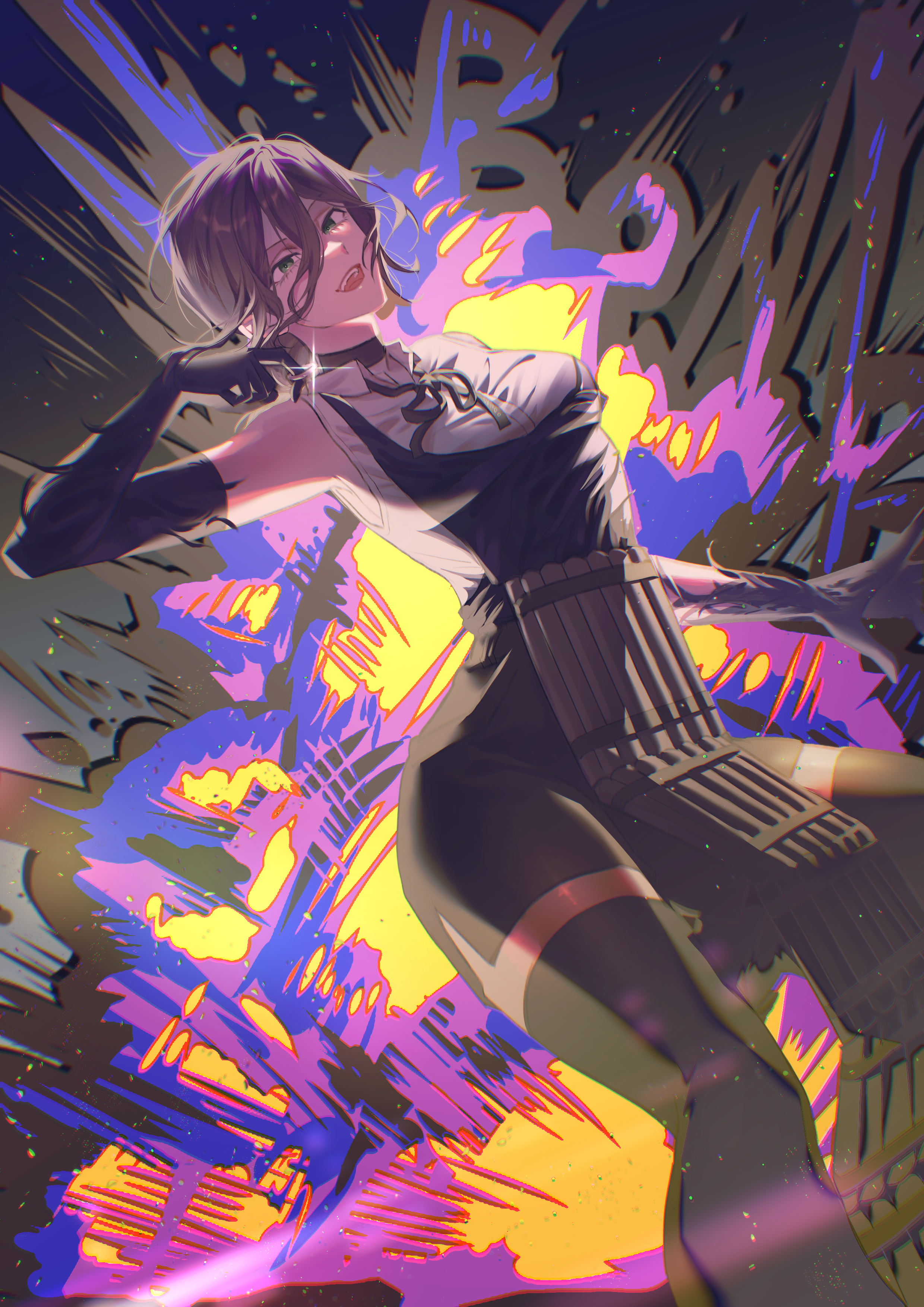 laburnu, reze (chainsaw man), chainsaw man, absurdres, highres, 1girl, apron, black apron, black choker, black gloves, black ribbon, black shorts, black thighhighs, choker, dynamite, elbow gloves, explosion, explosion background, explosive, gloves, green eyes, grenade pin, hair between eyes, looking at viewer, neck ribbon, purple hair, ribbon, shirt, shorts, sleeveless, sleeveless shirt, solo, thighhighs, white shirt