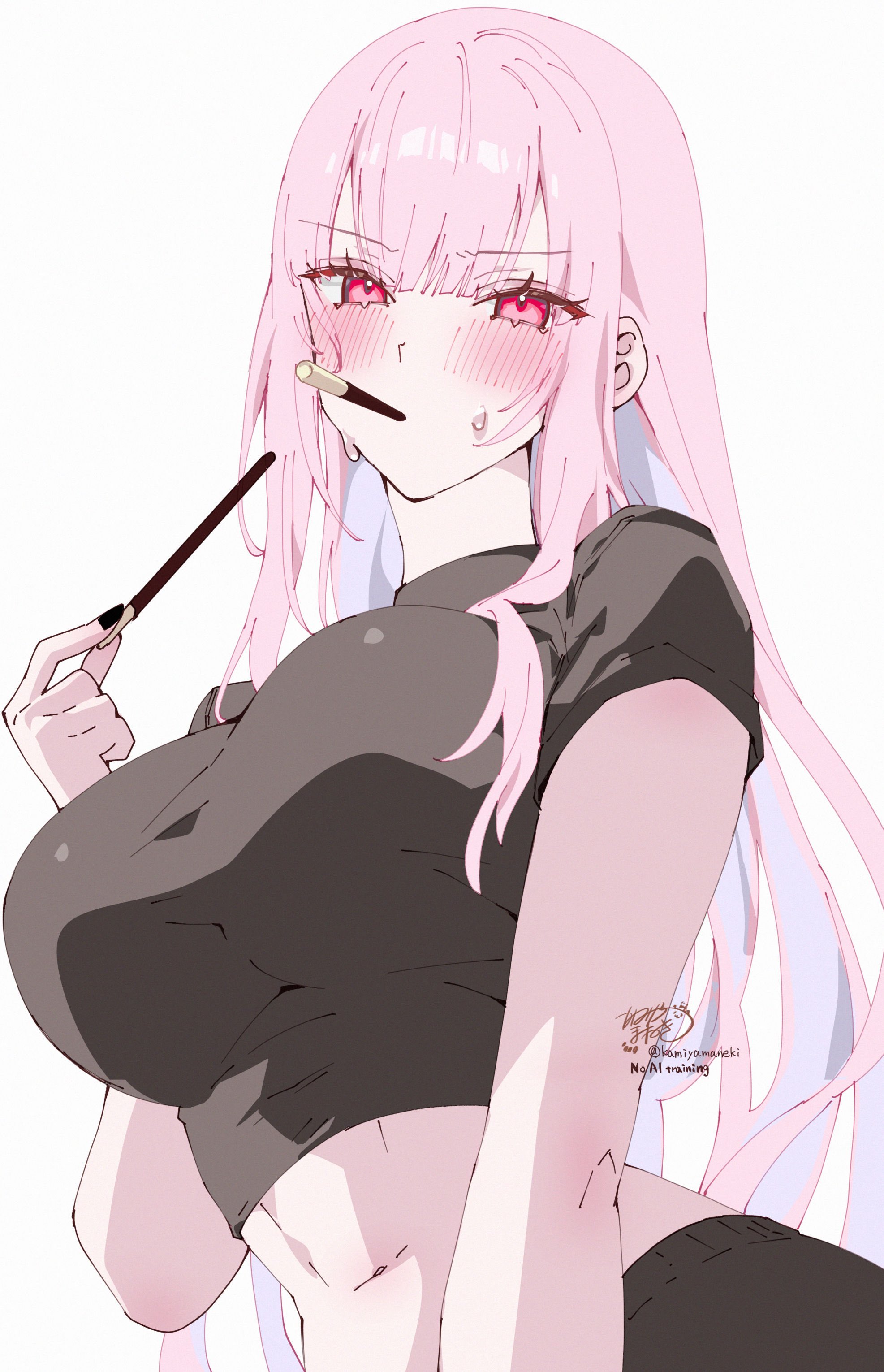 kamiya maneki, mori calliope, hololive, hololive english, absurdres, commentary, english commentary, highres, variant set, 1girl, alternate costume, arm at side, black shirt, blunt bangs, breasts, center-flap bangs, cropped shirt, double-parted bangs, food, food in mouth, hand up, holding, holding food, holding pocky, large breasts, long hair, looking at viewer, midriff, navel, pink eyes, pink hair, pocky, pocky day, pocky in mouth, shirt, short sleeves, sidelocks, simple background, solo, sweat, t-shirt, upper body, virtual youtuber, white background