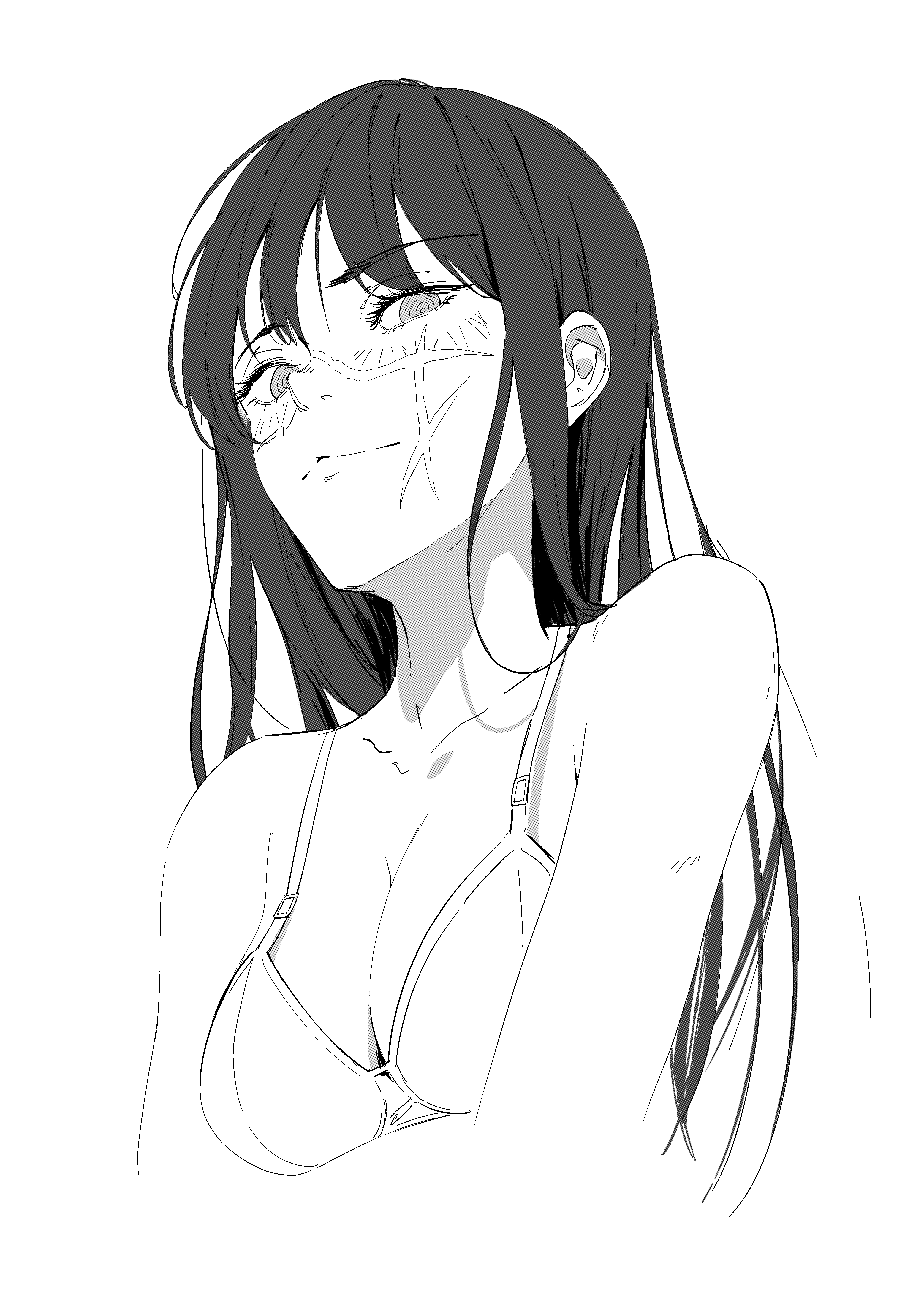 kamiro (kamin r0), yoru (chainsaw man), chainsaw man, absurdres, highres, 1girl, bra, breasts, closed mouth, facial scar, greyscale, long hair, looking at viewer, medium breasts, monochrome, ringed eyes, scar, scar on cheek, scar on face, scar on nose, solo, underwear