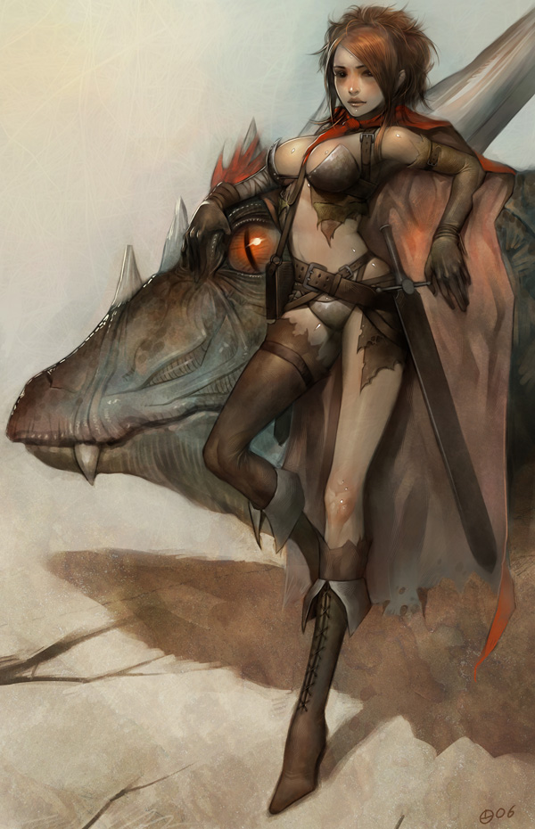 alien1452, 1girl, bag, boots, brown eyes, cape, dragon, female focus, red hair, scabbard, sheath, short hair, solo, sword, torn clothes, weapon