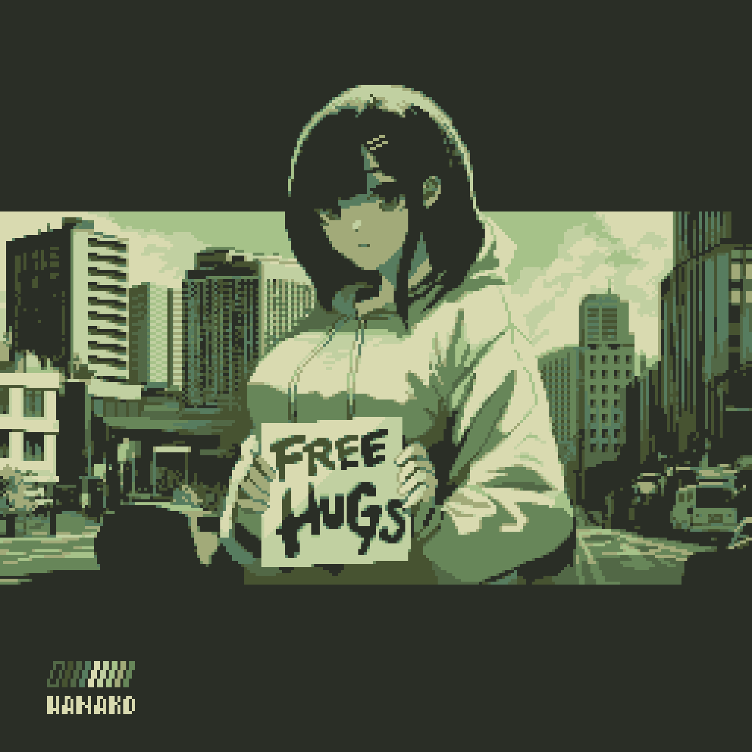 specialhanako, original, highres, 1girl, artist name, black hair, blunt bangs, breasts, building, car, closed mouth, free hugs, hair ornament, hairclip, holding, holding sign, hood, hoodie, large breasts, motor vehicle, outdoors, parallel hairclips, pixel art, road, sidelocks, sign, solo, street
