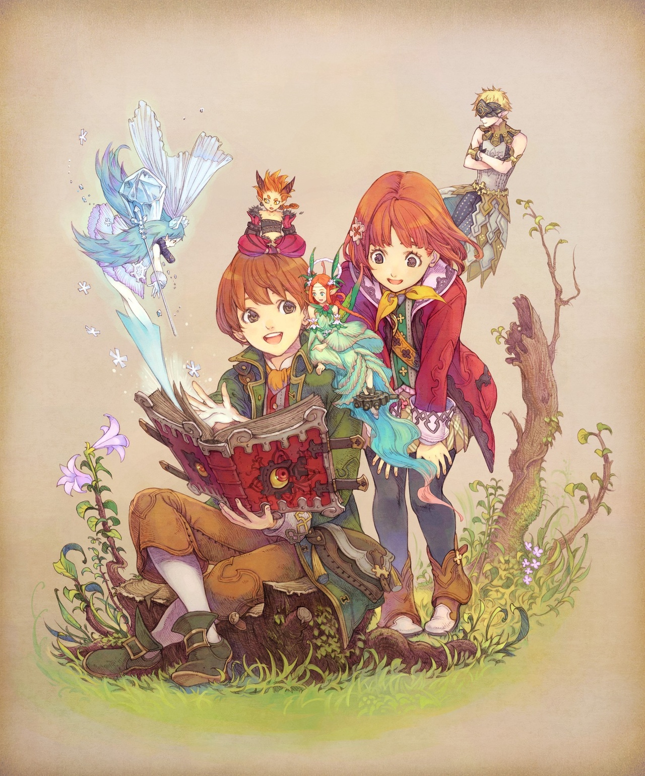 mieli, neaki, rempo, tia (avalon code), ur, yumil, avalon code, highres, official art, blonde hair, braid, chain, collar, fairy, fairy wings, long hair, pointy ears, red hair, short hair, wings