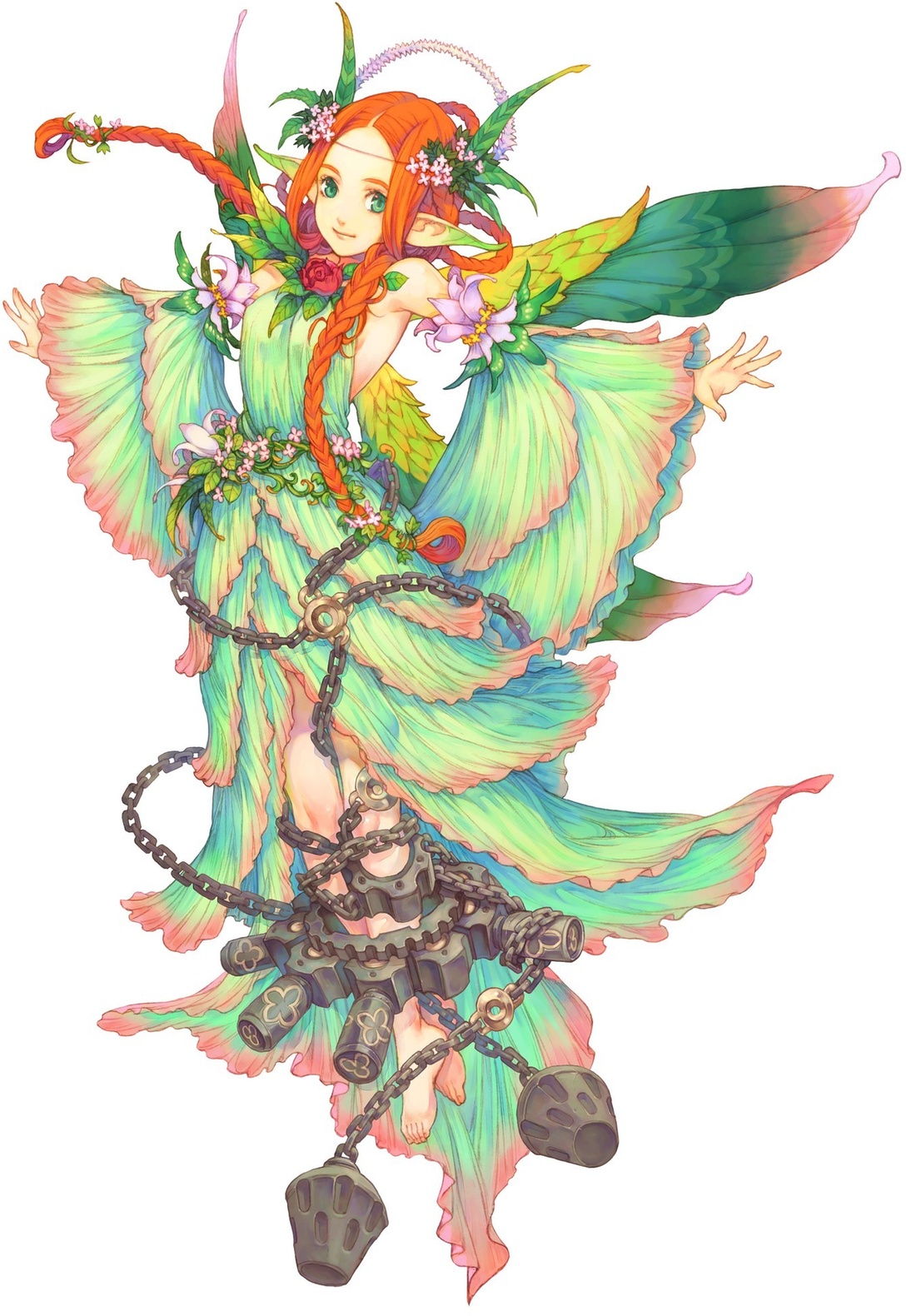 mieli, avalon code, highres, official art, braid, chain, fairy, fairy wings, green eyes, long hair, orange hair, pointy ears, red hair, wings