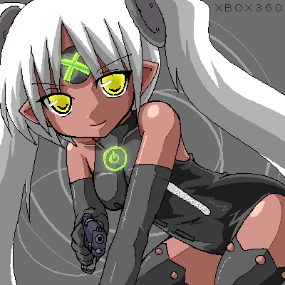eyebrows, silver hair, lowres, dark skin, game console, gun, pointy ears, weapon, xbox 360, yellow eyes