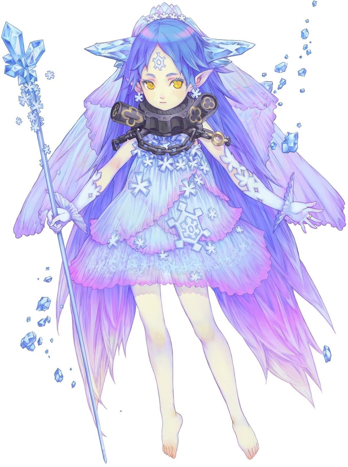 neaki, avalon code, highres, official art, blue hair, collar, crystal, fairy, ice, long hair, pointy ears, snowflakes, staff, veil, yellow eyes